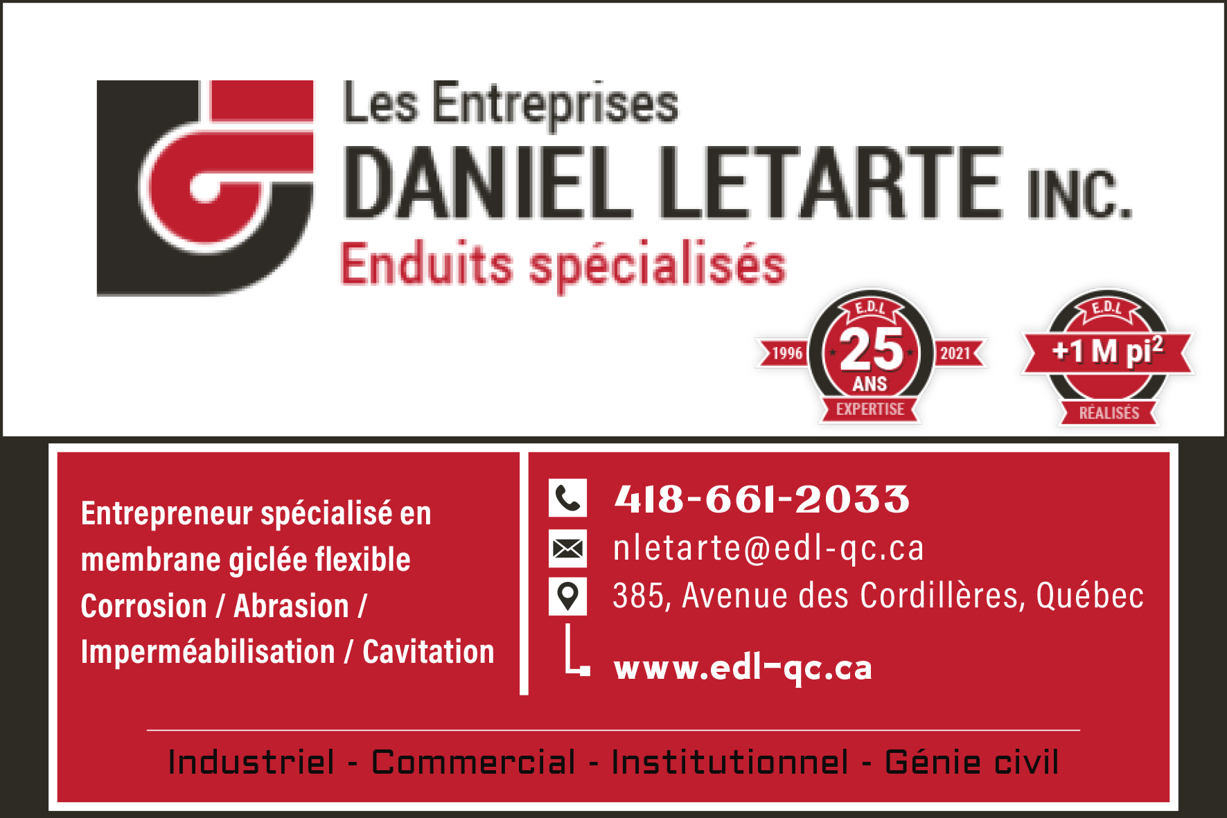 Carte de visite recto de LES ENTREPRISES DANIEL LETARTE & FILS INC