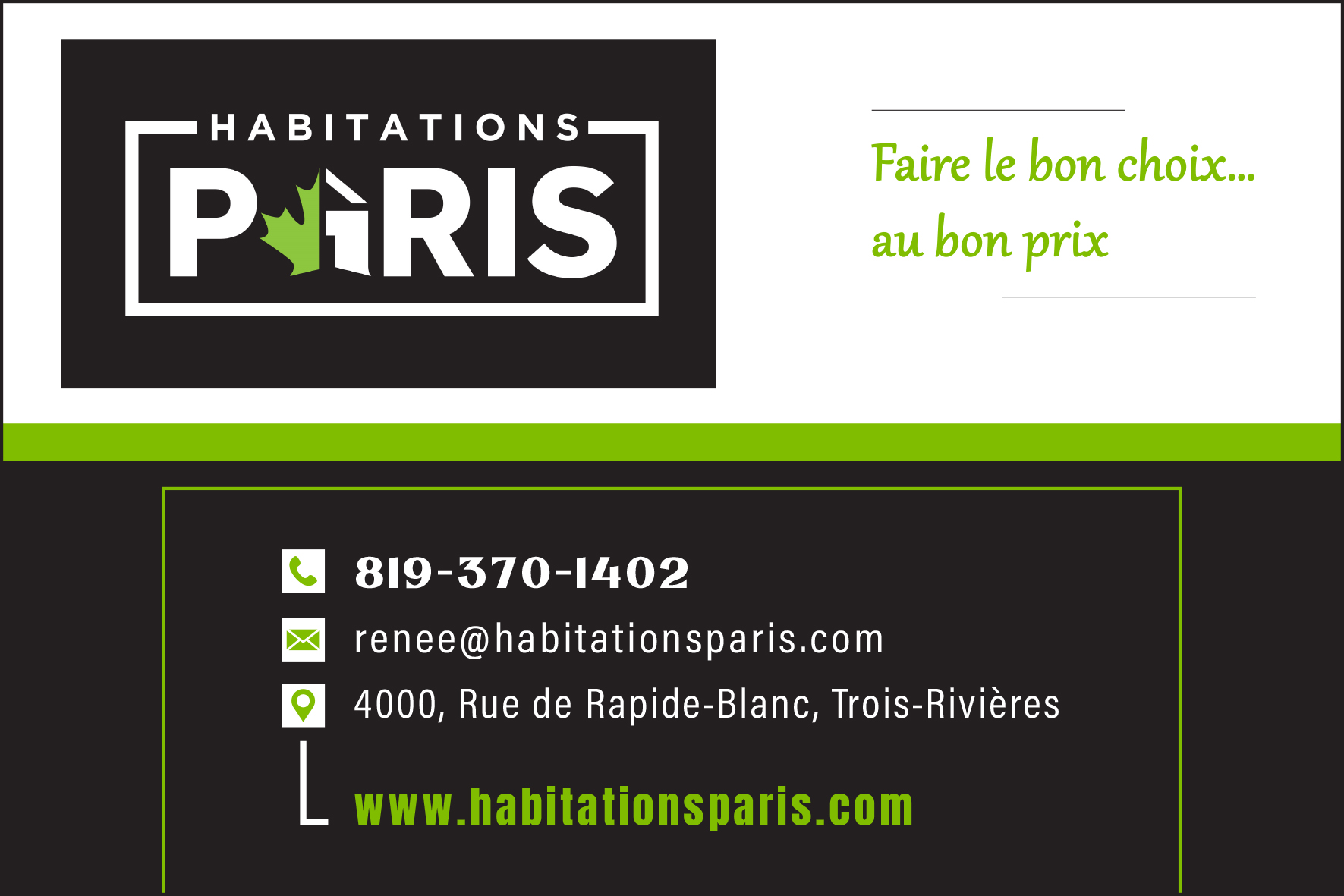 Carte de visite recto de LES HABITATIONS PARIS ET FRÈRES 2012 INC