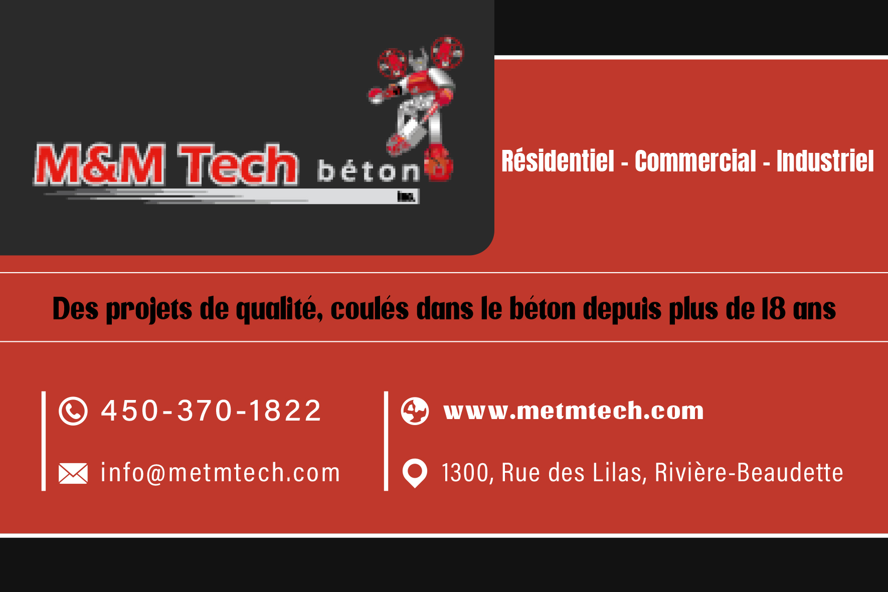 Carte de visite recto de M ET M TECH BÉTON INC