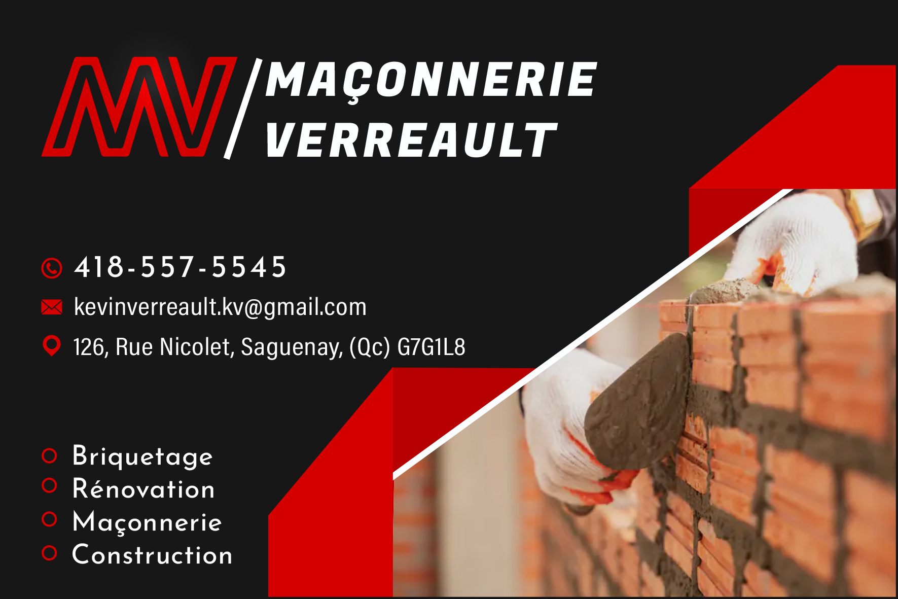 Carte de visite recto de MAÇONNERIE VERREAULT INC
