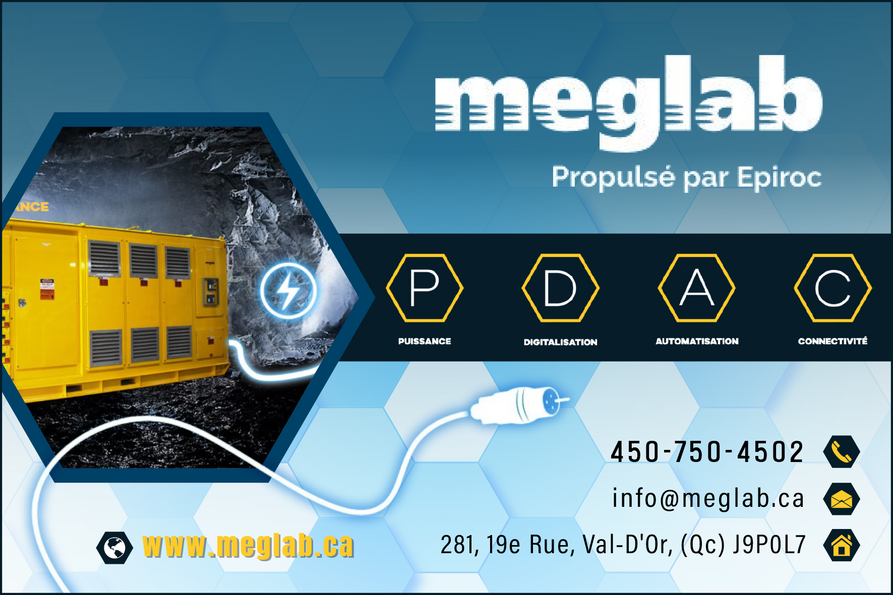 Carte de visite recto de MEGLAB ÉLECTRONIQUE INC