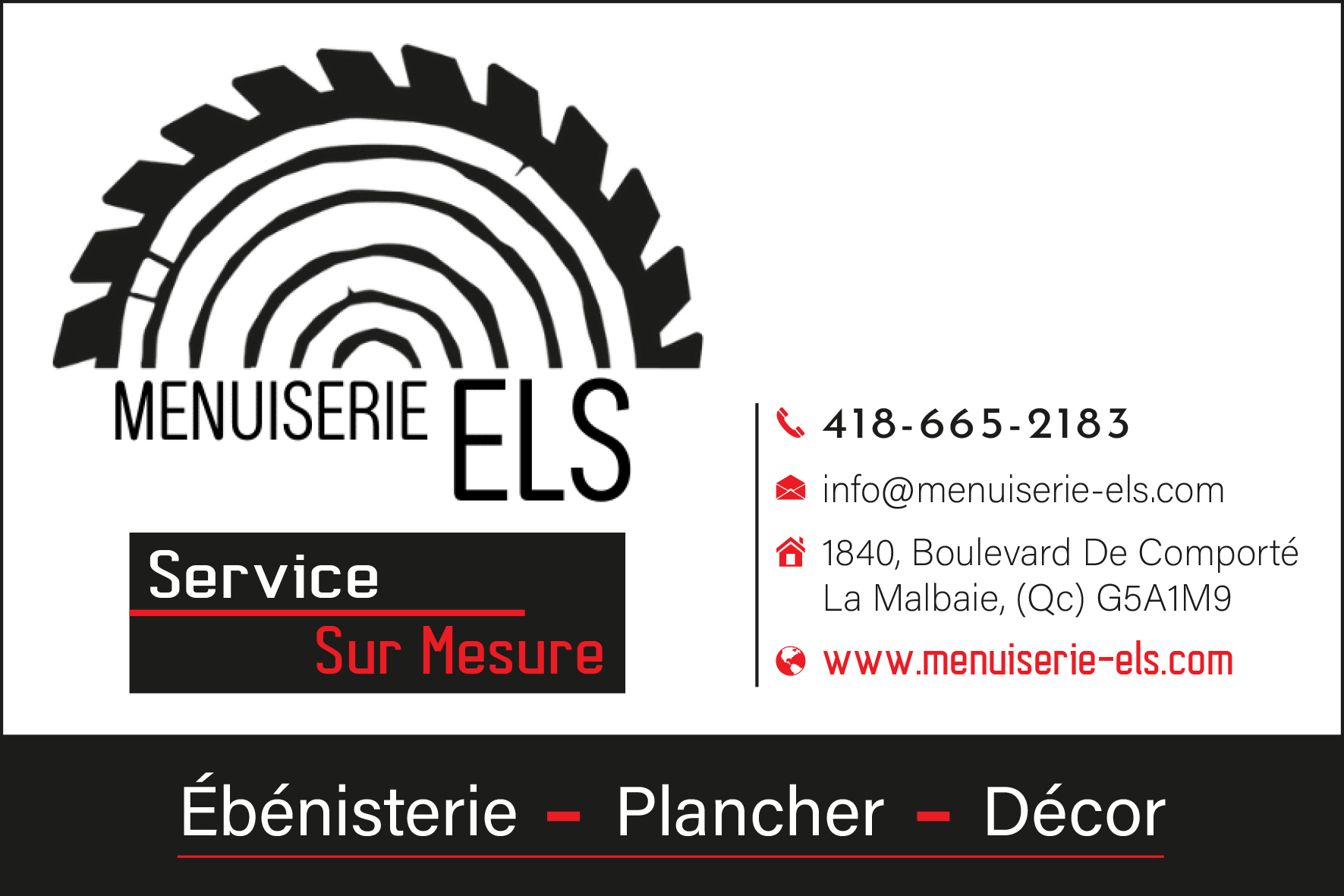 Carte de visite recto de MENUISERIE ELS INC