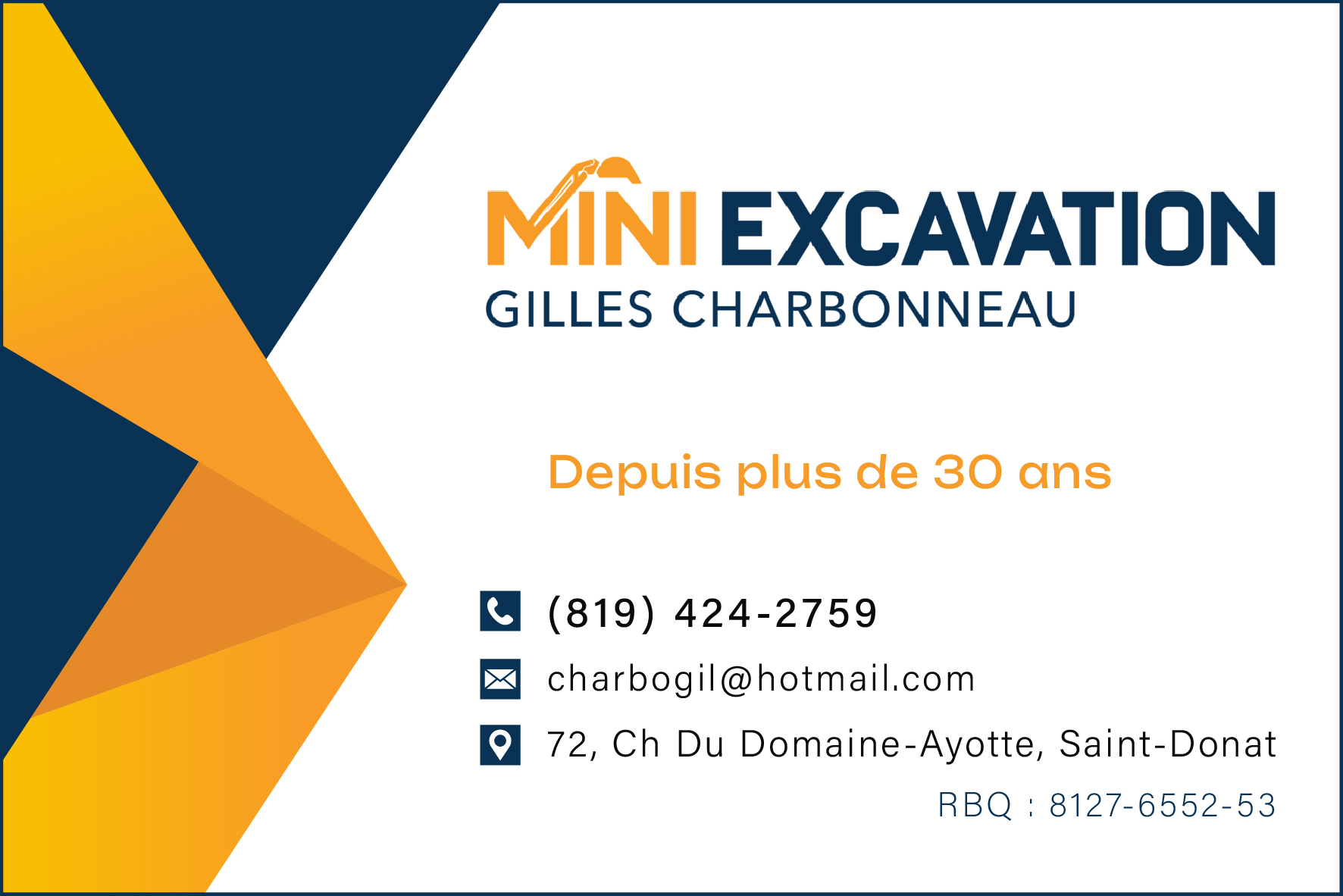 Carte de visite recto de MINI EXCAVATION GILLES CHARBONNEAU
