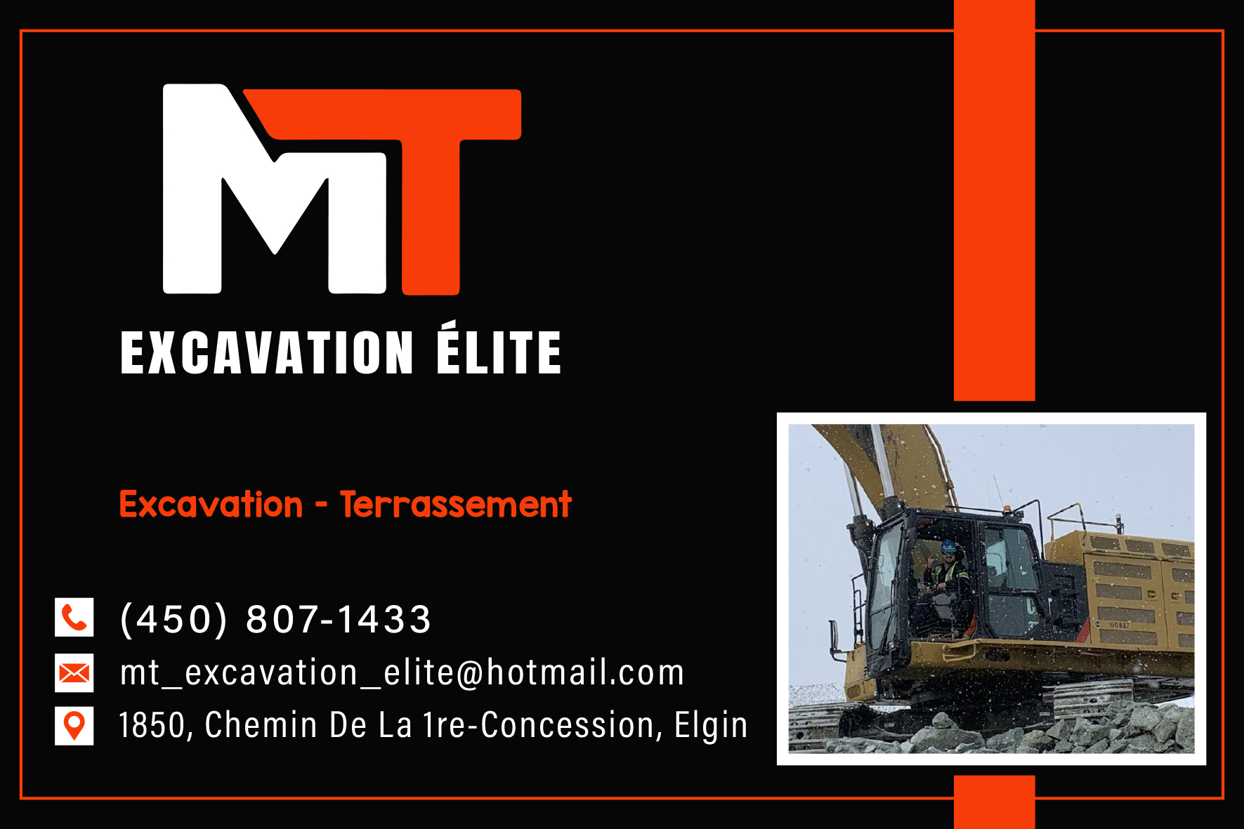 Carte de visite recto de MT EXCAVATION ÉLITE INC
