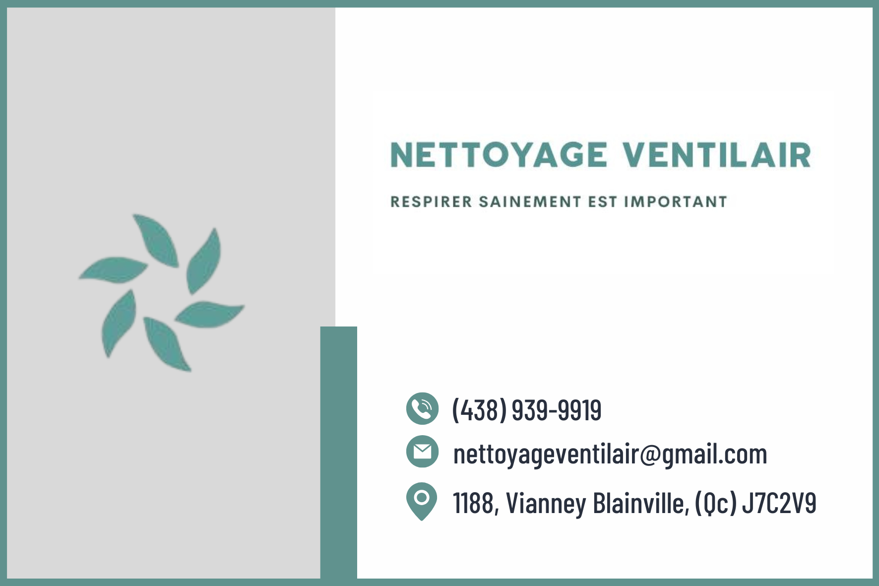 Carte de visite recto de NETTOYAGE VENTILAIR INC