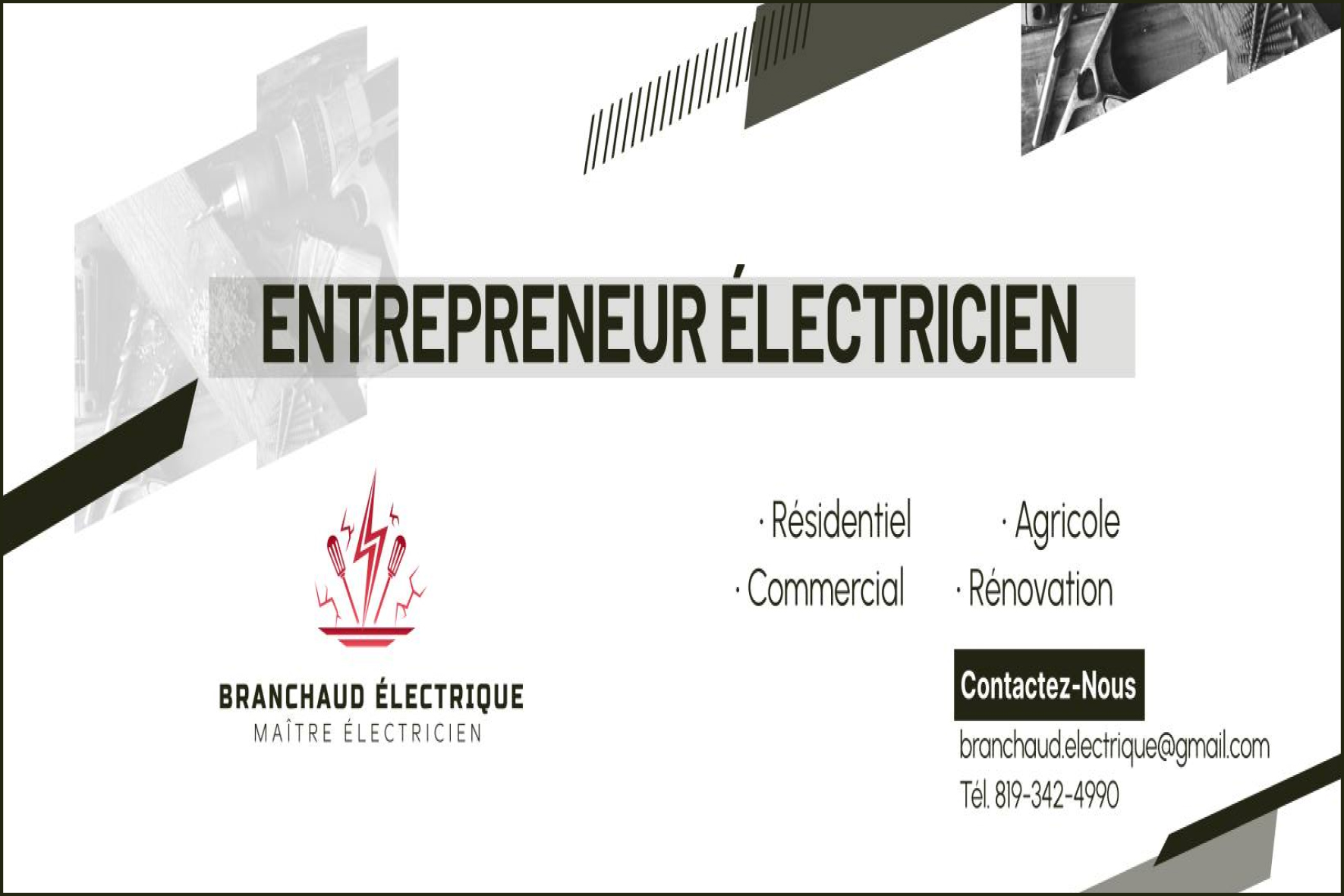Carte de visite recto de NICOLAS BRANCHAUD, ENTREPRENEUR ÉLECTRICIEN 9498-4630 QUÉBEC INC