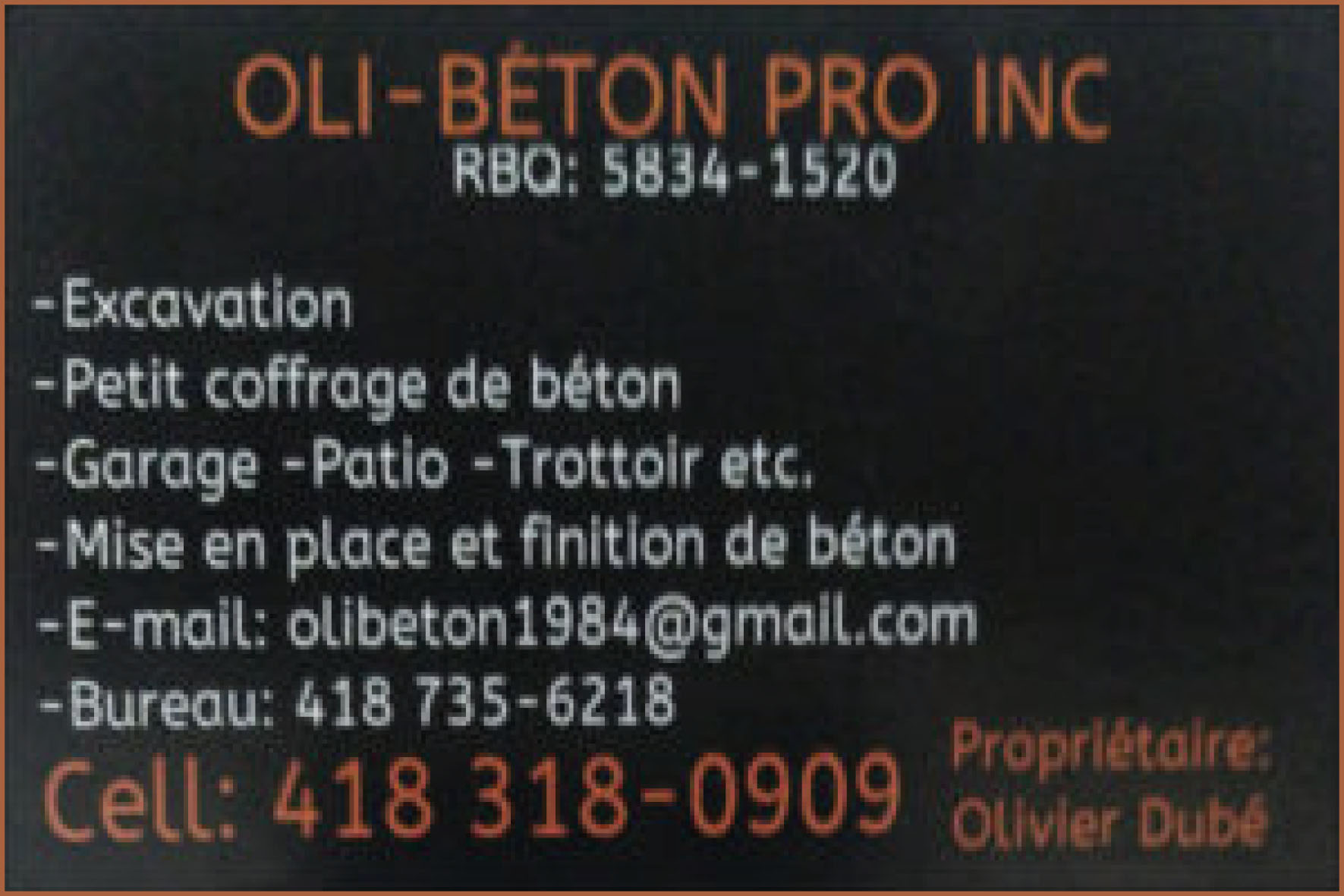 Carte de visite recto de OLI-BÉTON PRO INC
