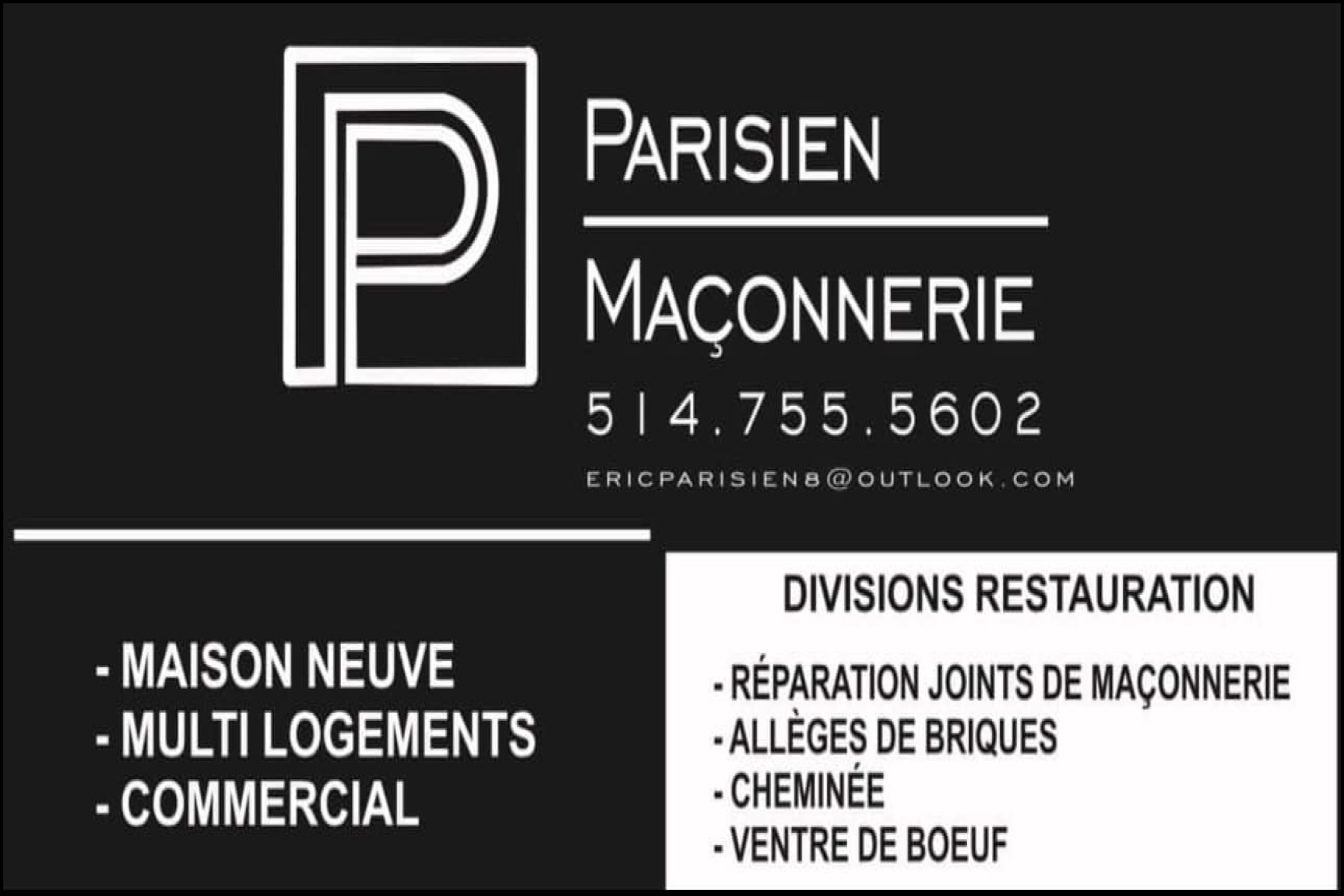 Carte de visite recto de PARISIEN MAÇONNERIE INC