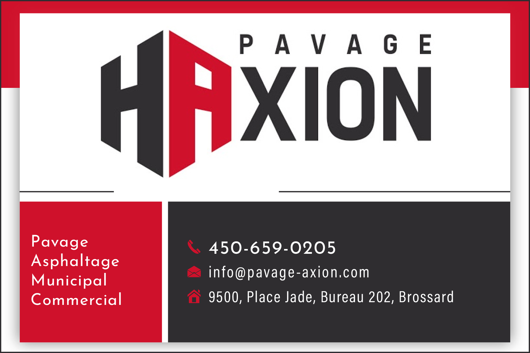 Carte de visite recto de PAVAGE AXION INC