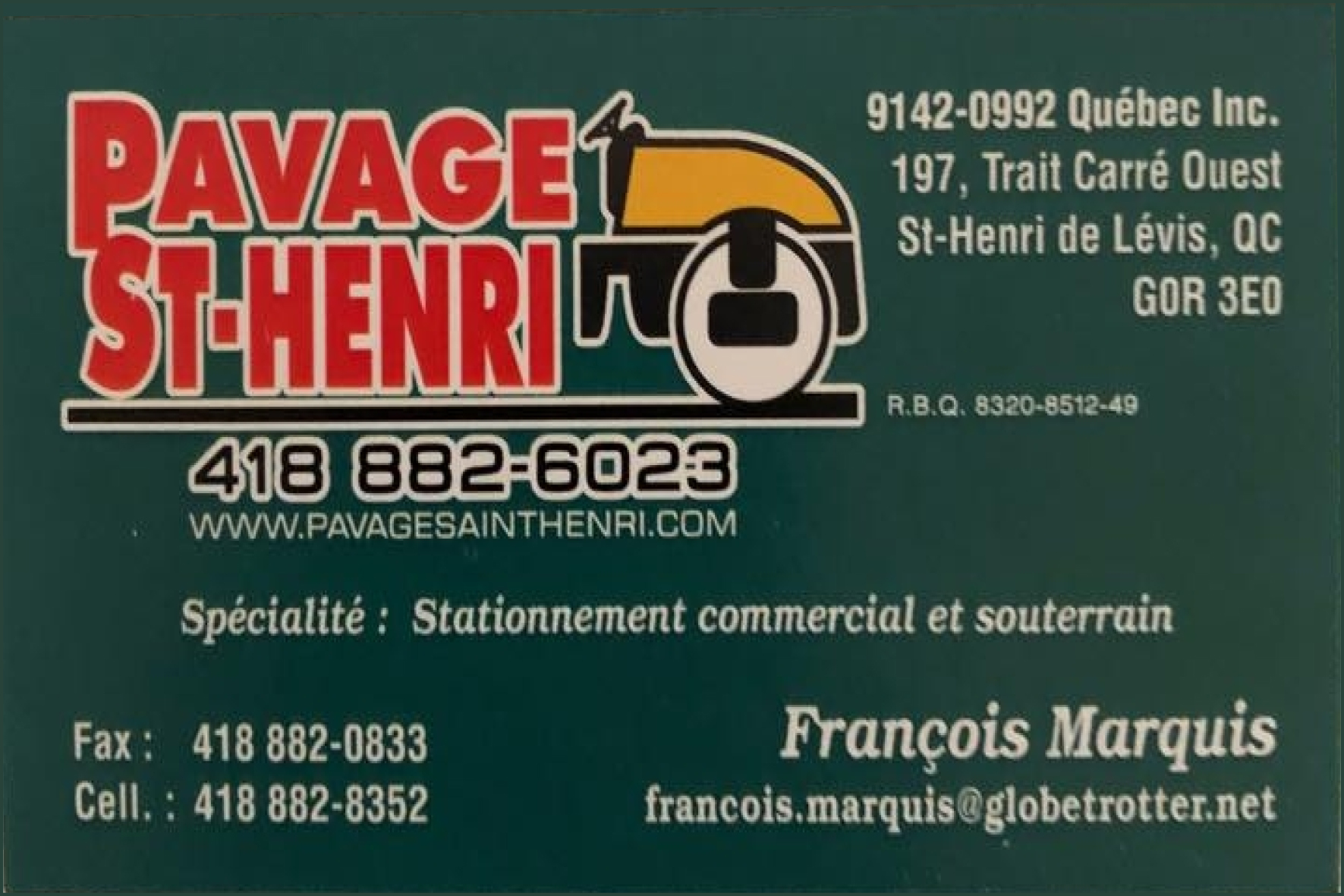 Carte de visite recto de PAVAGE ST-HENRI 9142-0992 QUÉBEC INC