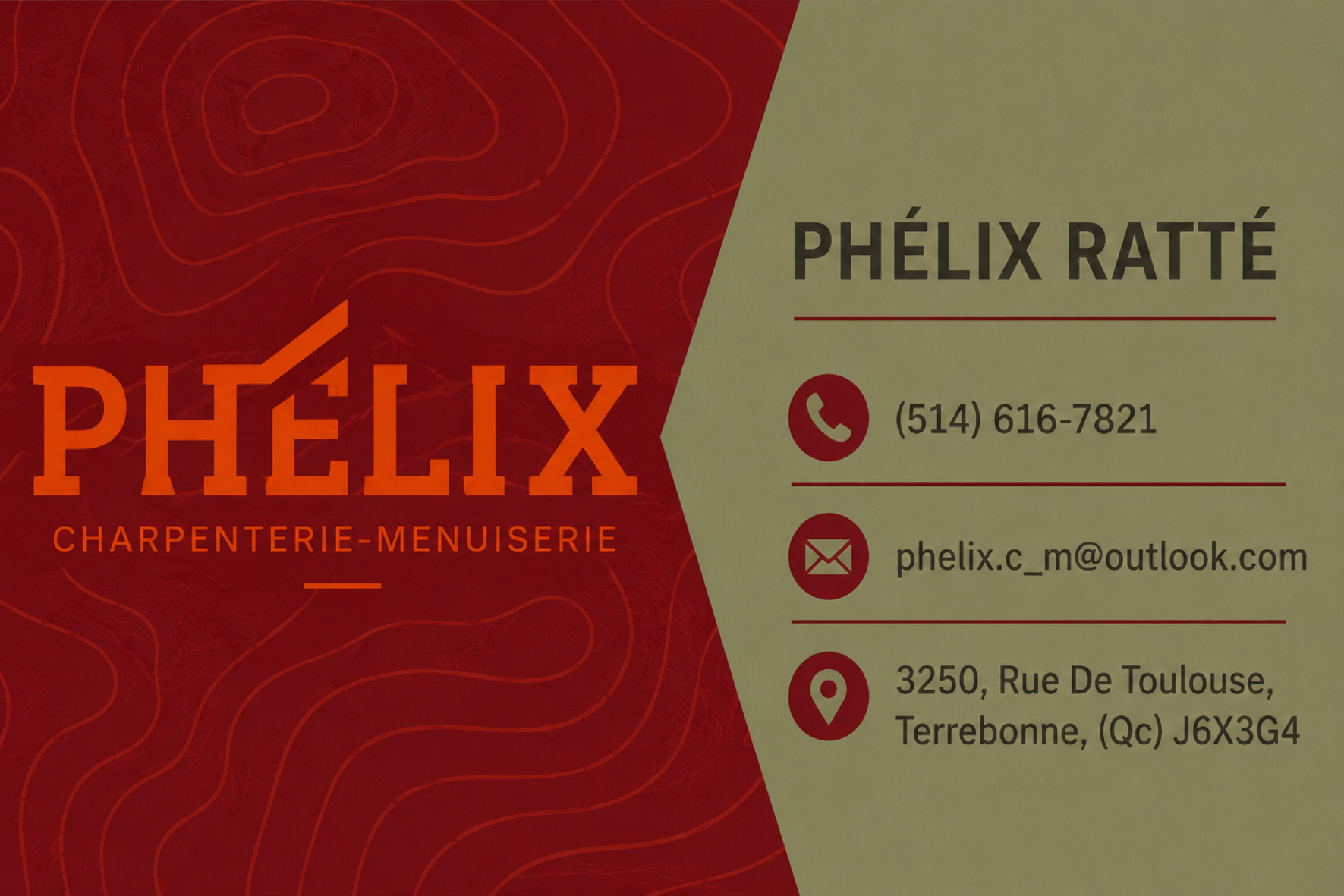 Carte de visite recto de PHÉLIX CHARPENTERIE-MENUISERIE INC
