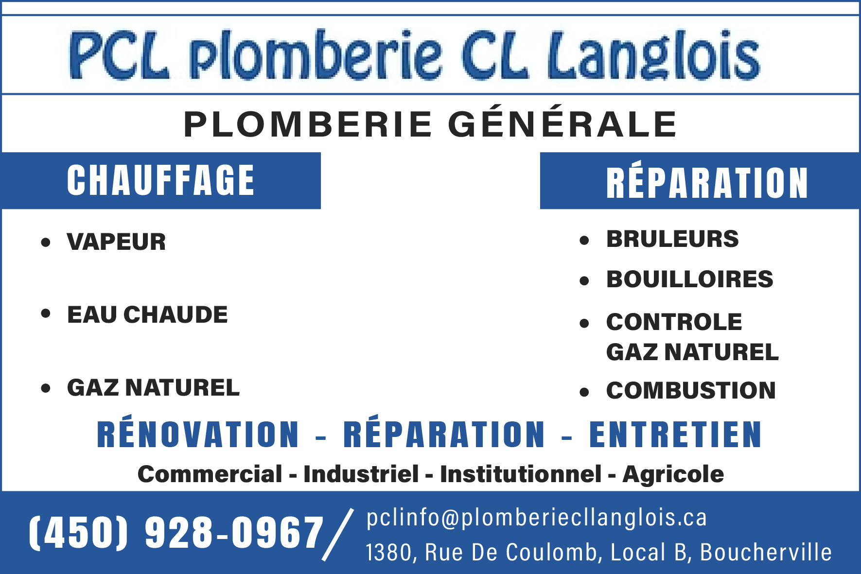 Carte de visite recto de PLOMBERIE CL LANGLOIS INC
