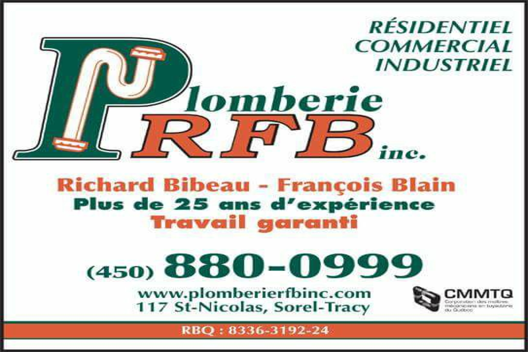 Carte de visite recto de PLOMBERIE RFB INC