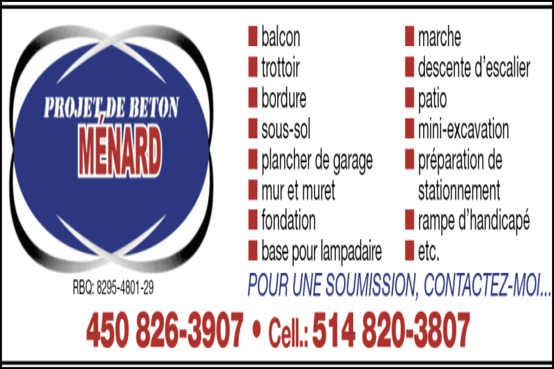 Carte de visite recto de PROJETS DE BÉTON MÉNARD INC