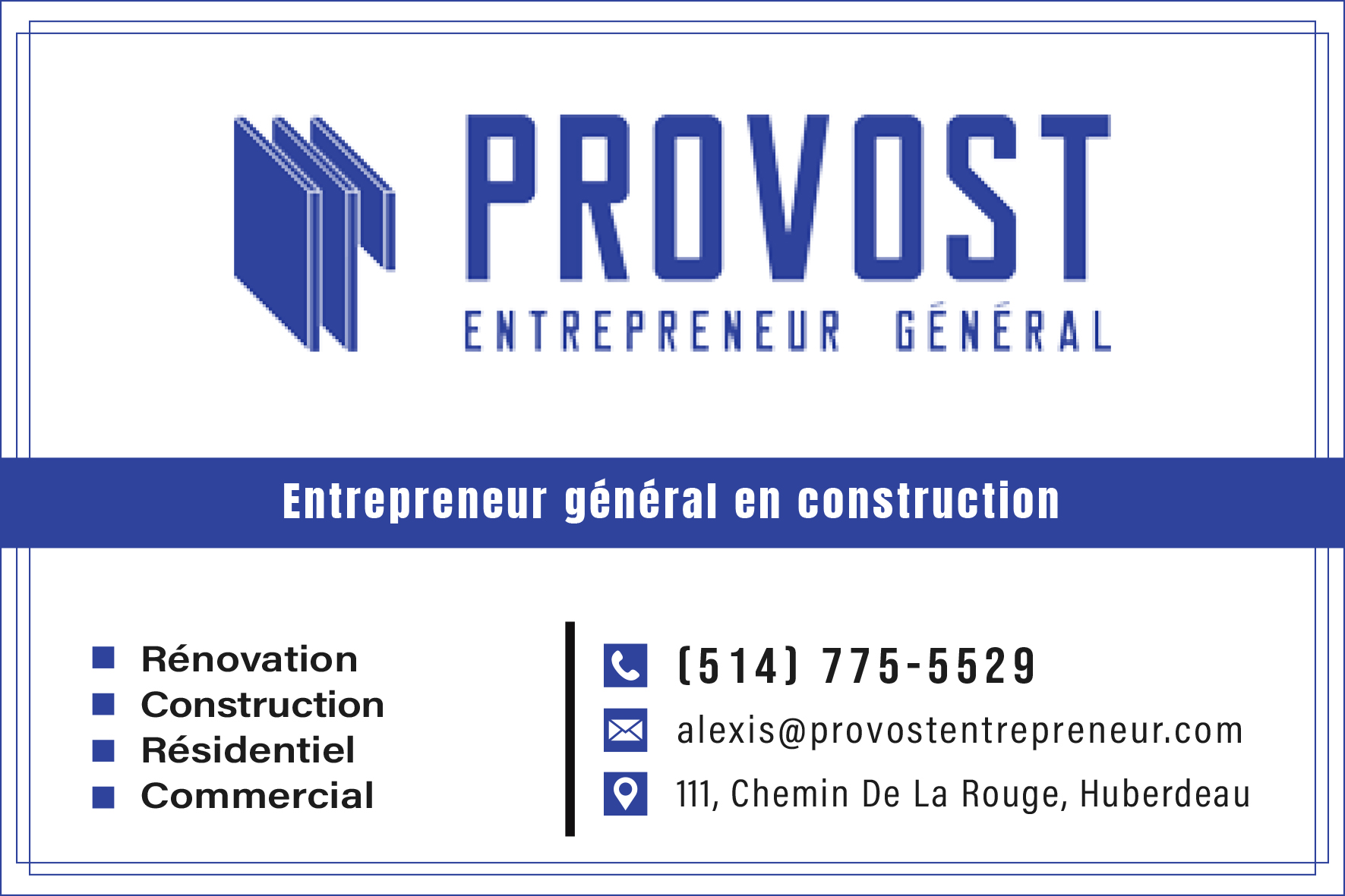 Carte de visite recto de PROVOST ENTREPRENEUR GÉNÉRAL INC