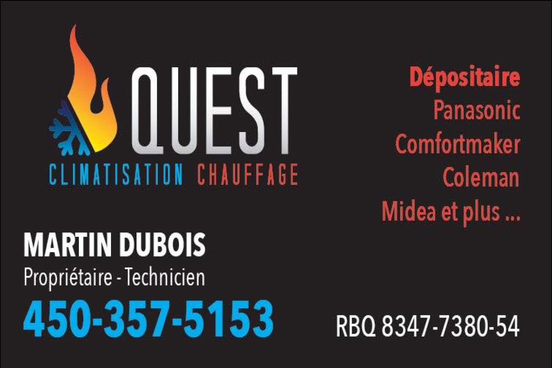Carte de visite recto de QUEST CLIMATISATION INC