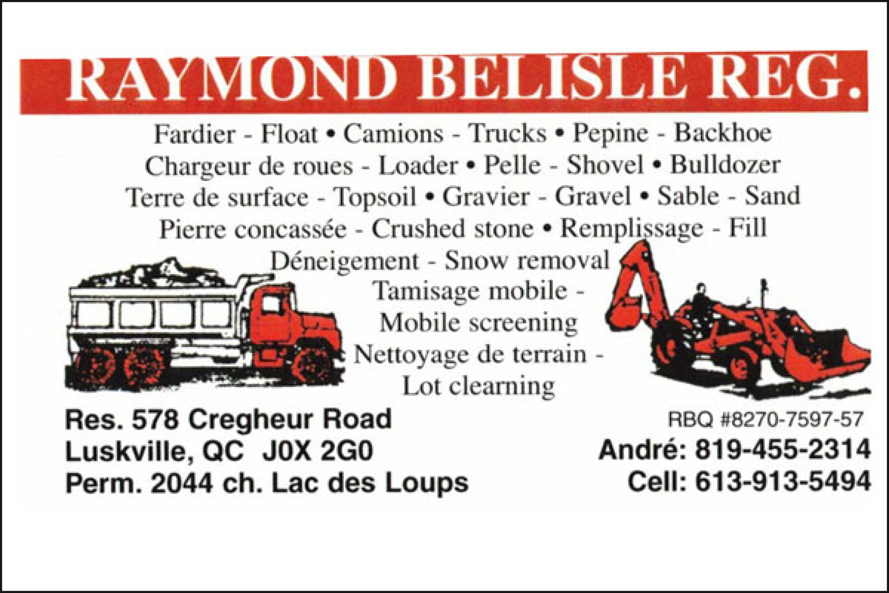 Carte de visite verso de RAYMOND BÉLISLE ENR