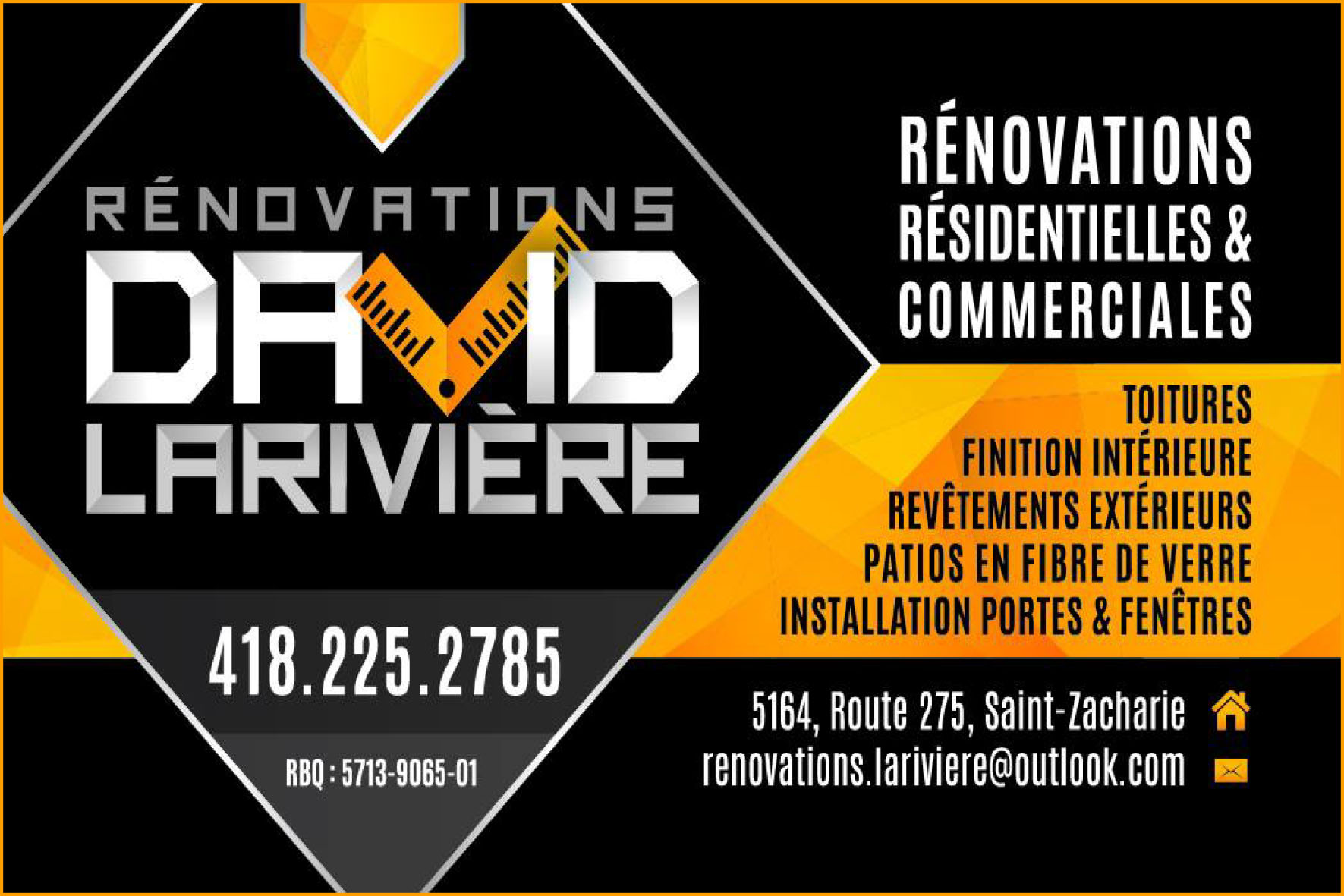 Carte de visite recto de RÉNOVATIONS DAVID LARIVIÈRE 9333-4142 QUÉBEC INC