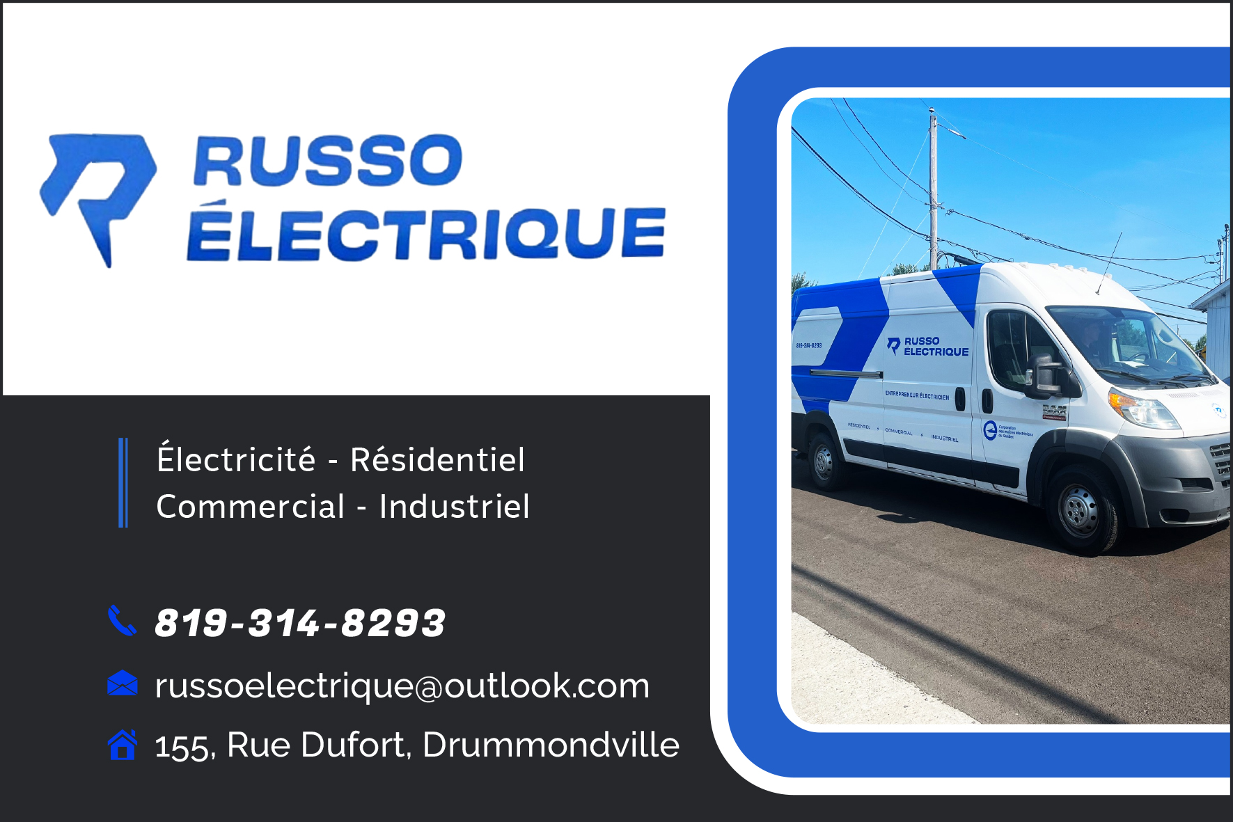 Carte de visite recto de RUSSO ÉLECTRIQUE 9496-3477 QUÉBEC INC