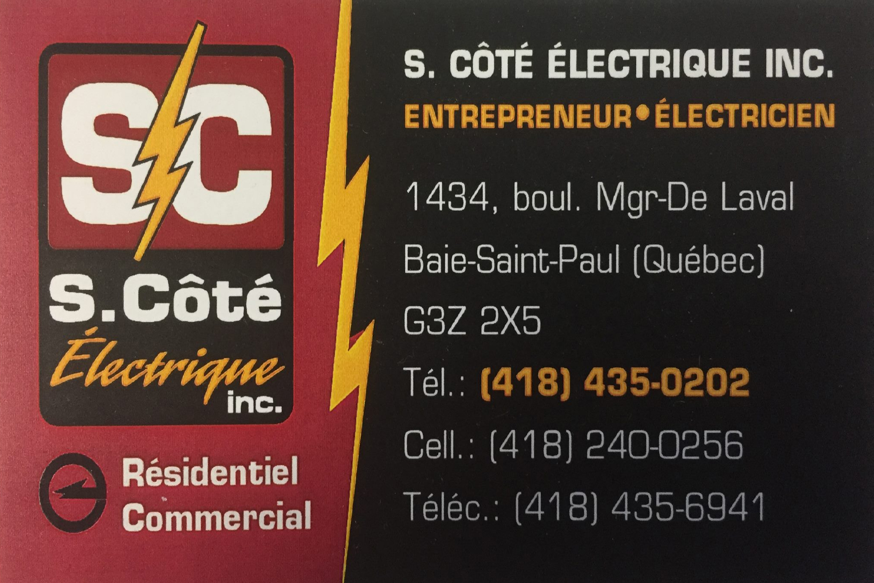 Carte de visite recto de S. CÔTÉ ÉLECTRIQUE INC