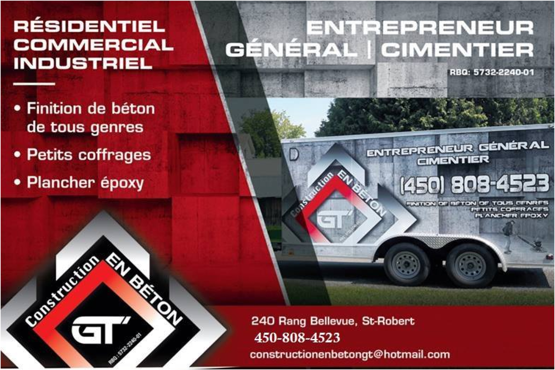 Carte de visite recto de CONSTRUCTION EN BÉTON GT INC
