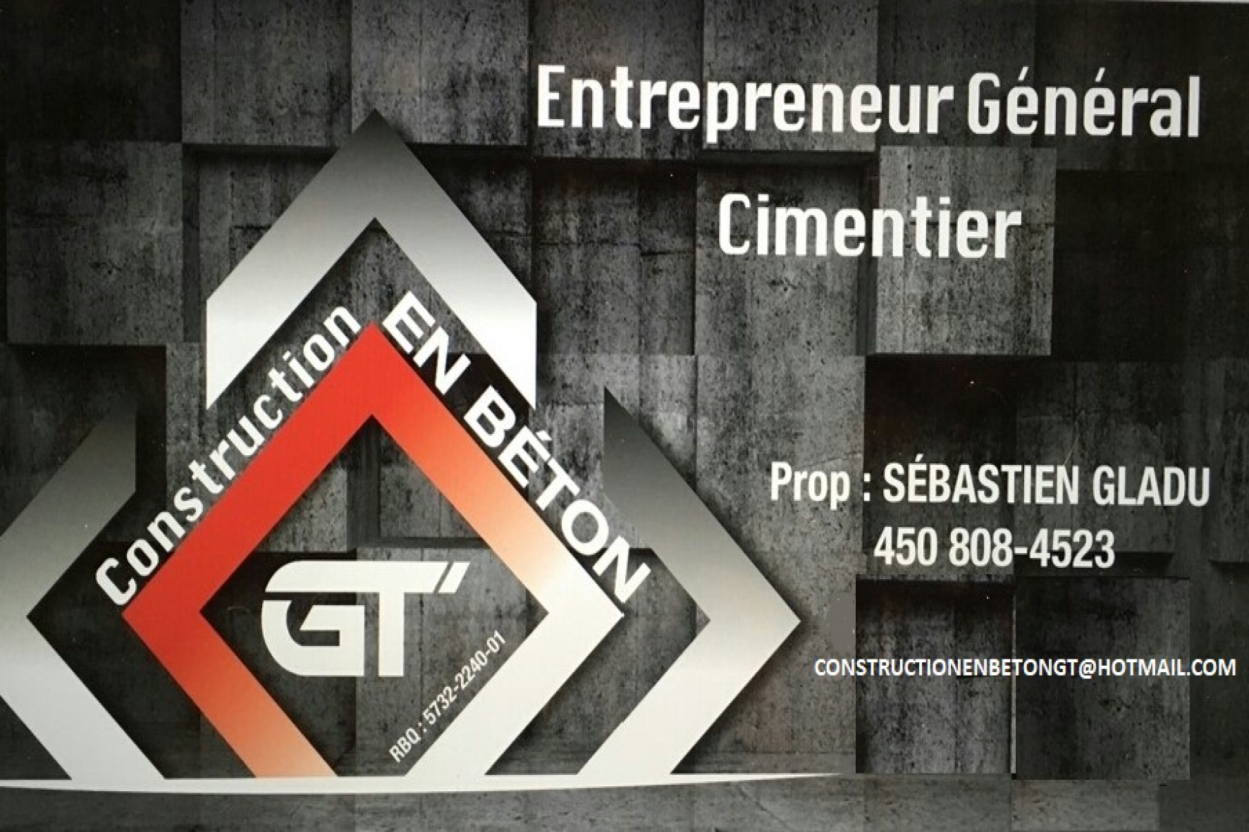 Carte de visite verso de CONSTRUCTION EN BÉTON GT INC