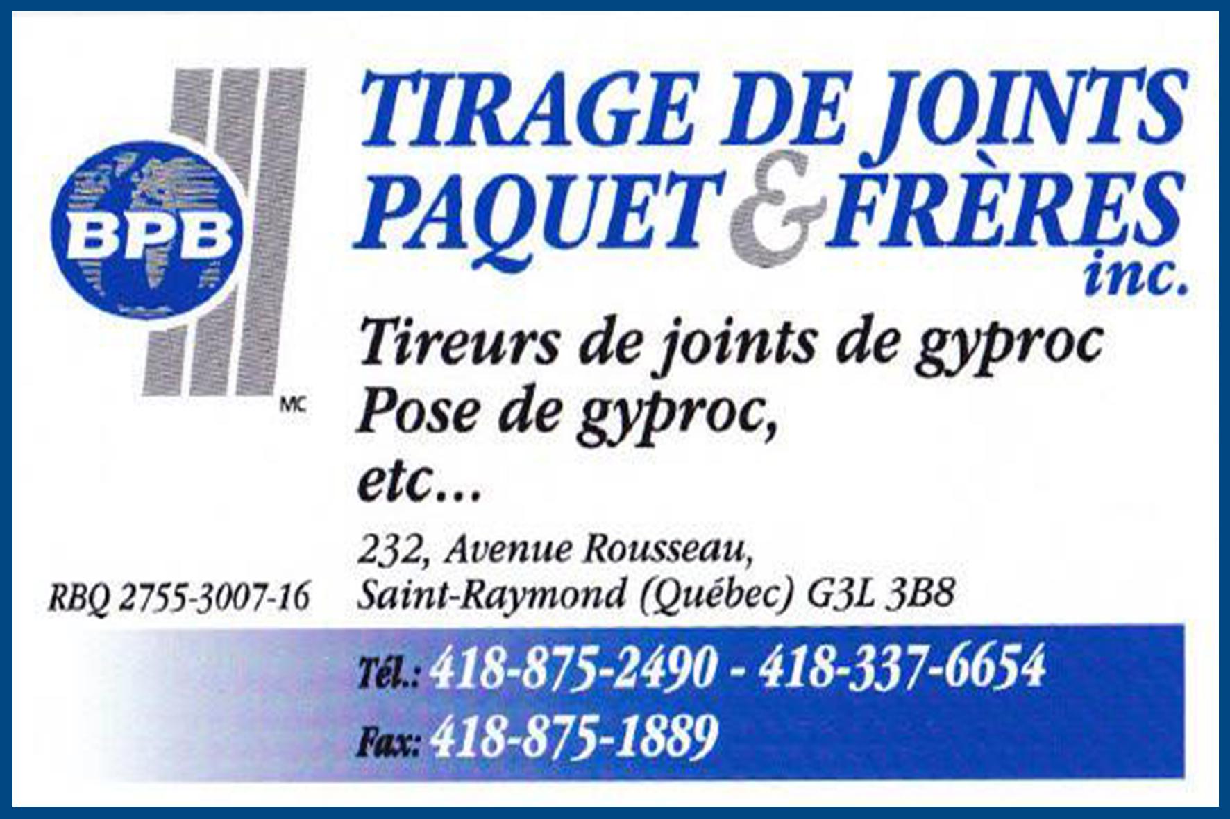 Carte de visite recto de TIRAGE DE JOINTS PAQUET & FRÉRES INC