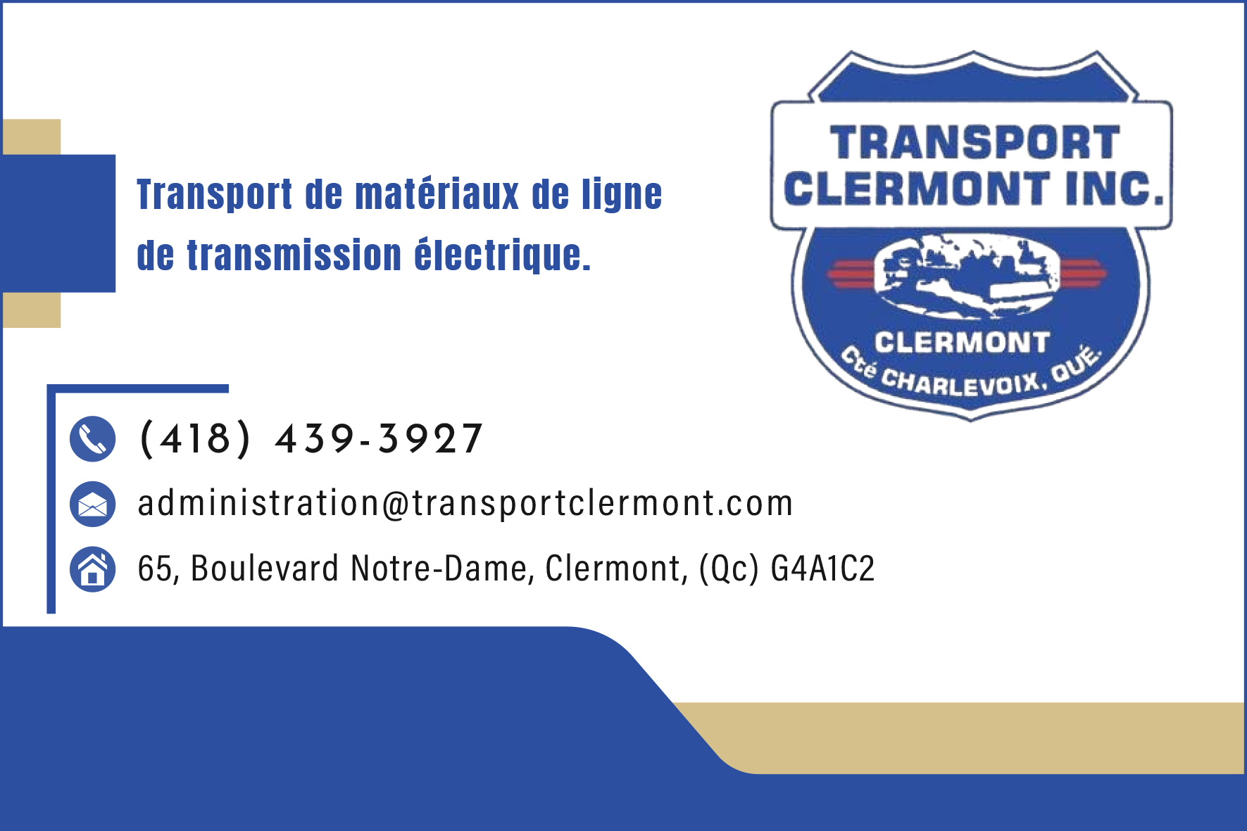 Carte de visite recto de TRANSPORT CLERMONT INC