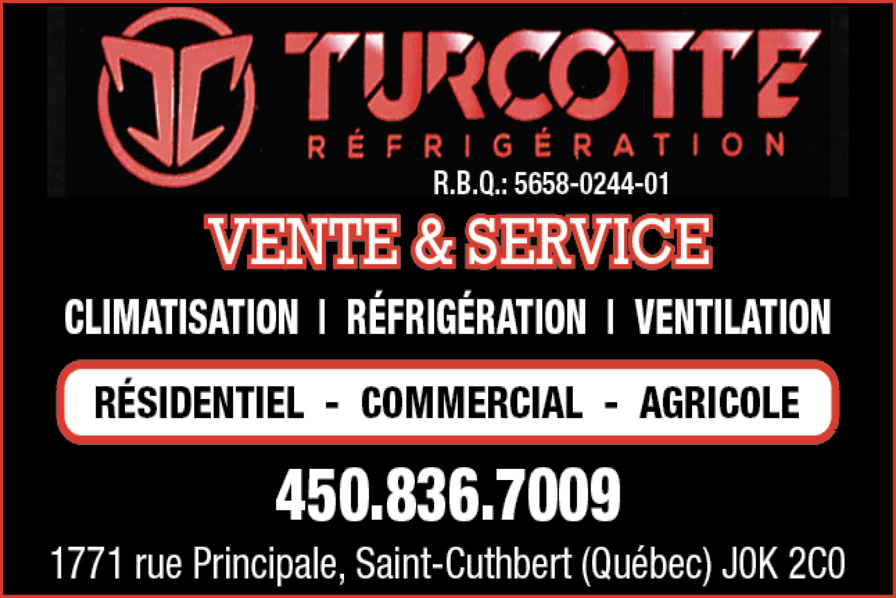 Carte de visite recto de TURCOTTE RÉFRIGÉRATION INC