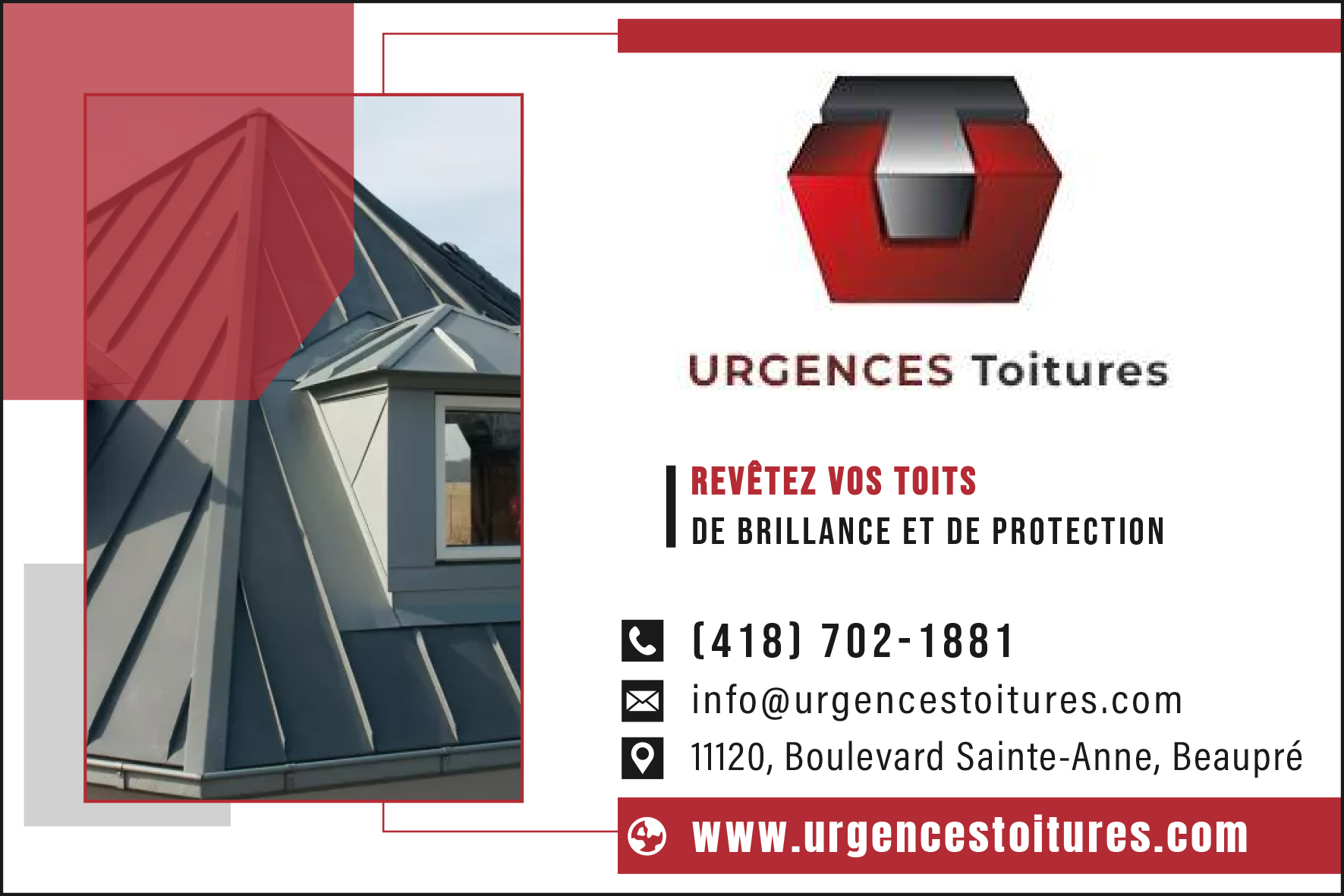 Carte de visite recto de URGENCES TOITURES INC
