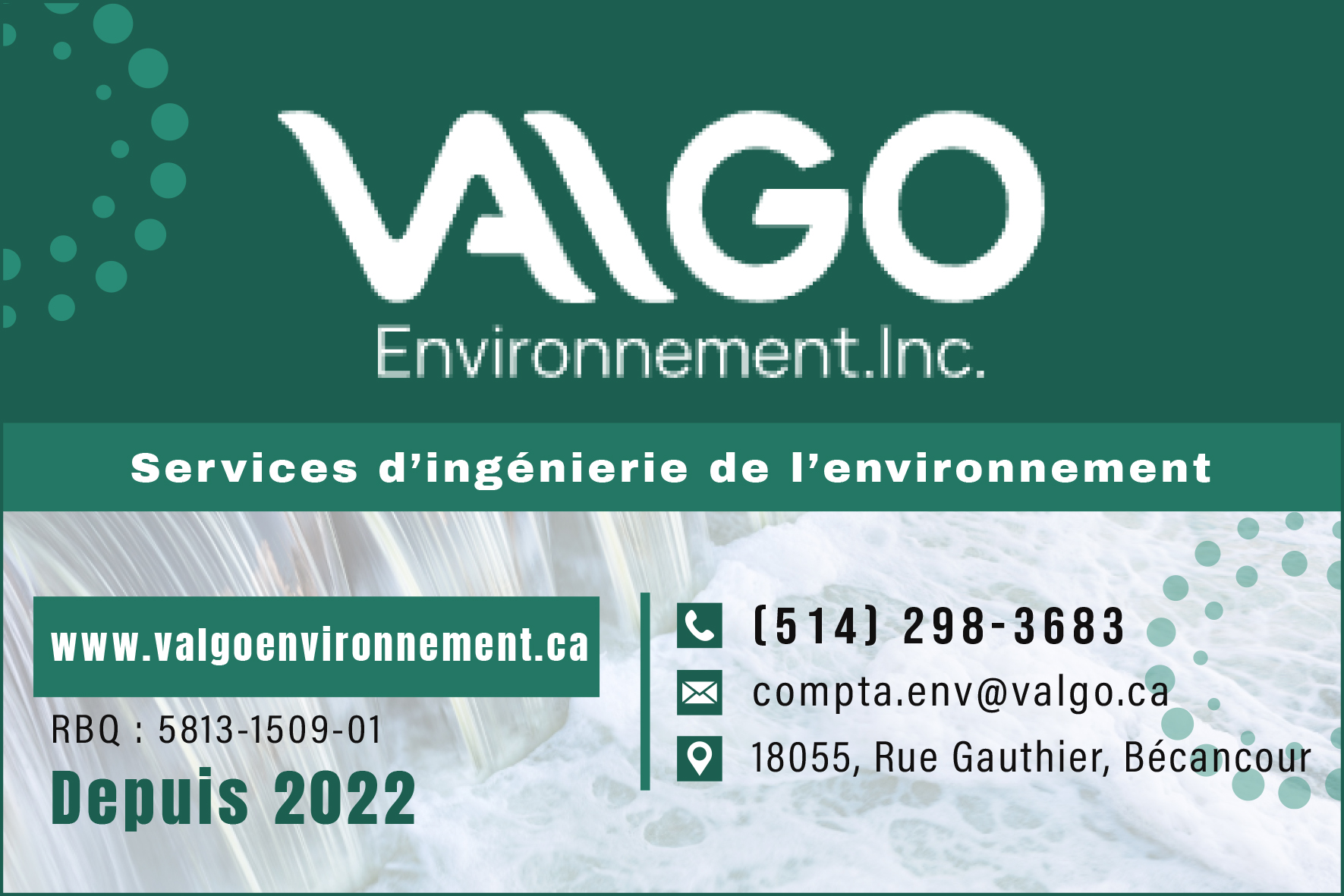 Carte de visite recto de VALGO ENVIRONNEMENT INC