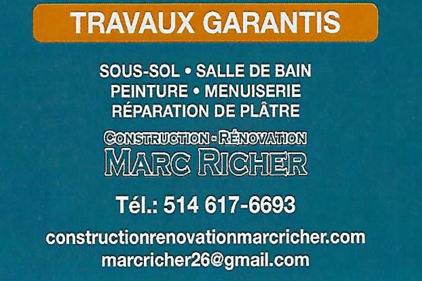 Carte de visite verso de CONSTRUCTION ET RÉNOVATION MARC RICHER INC