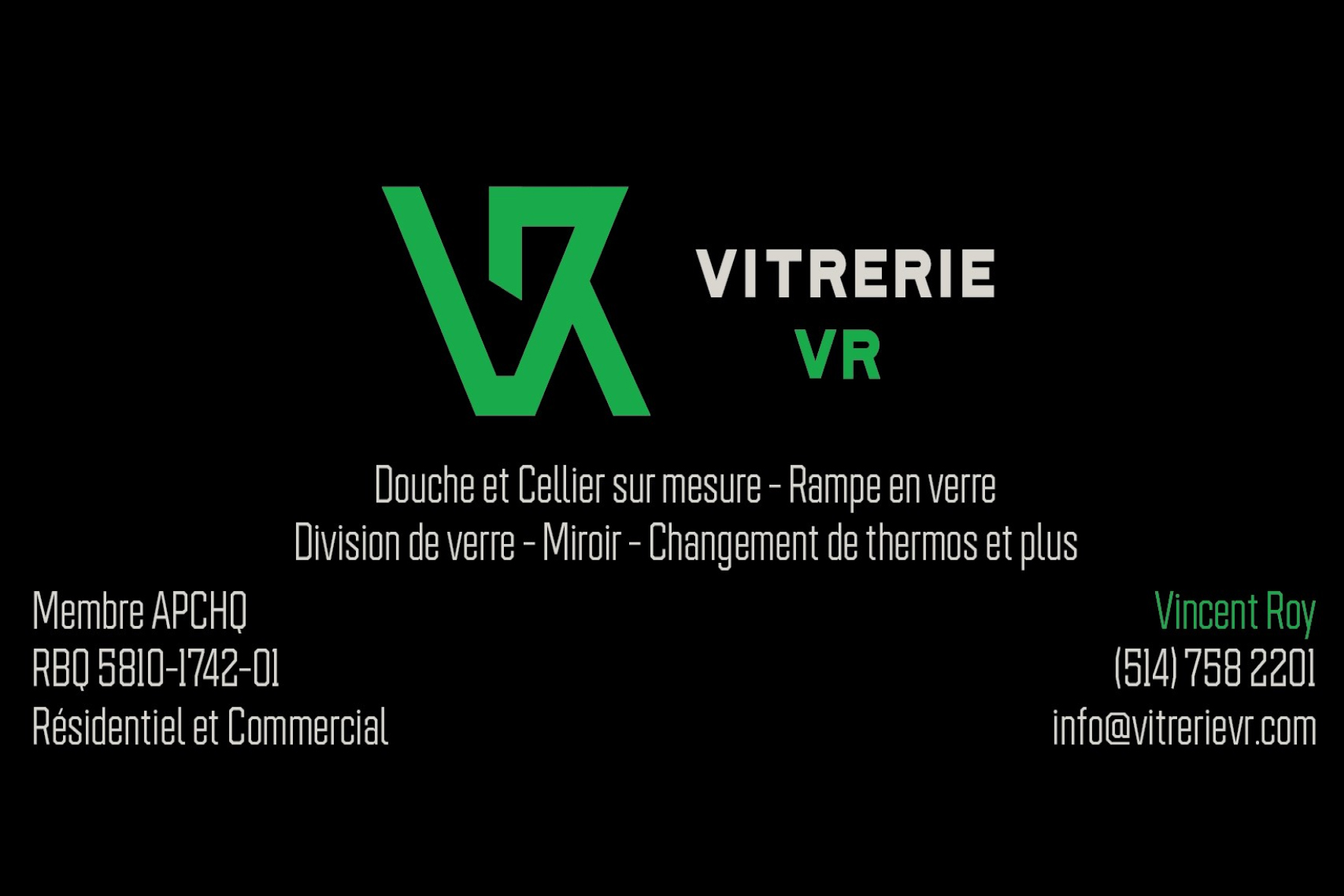 Carte de visite recto de VITRERIE VR INC