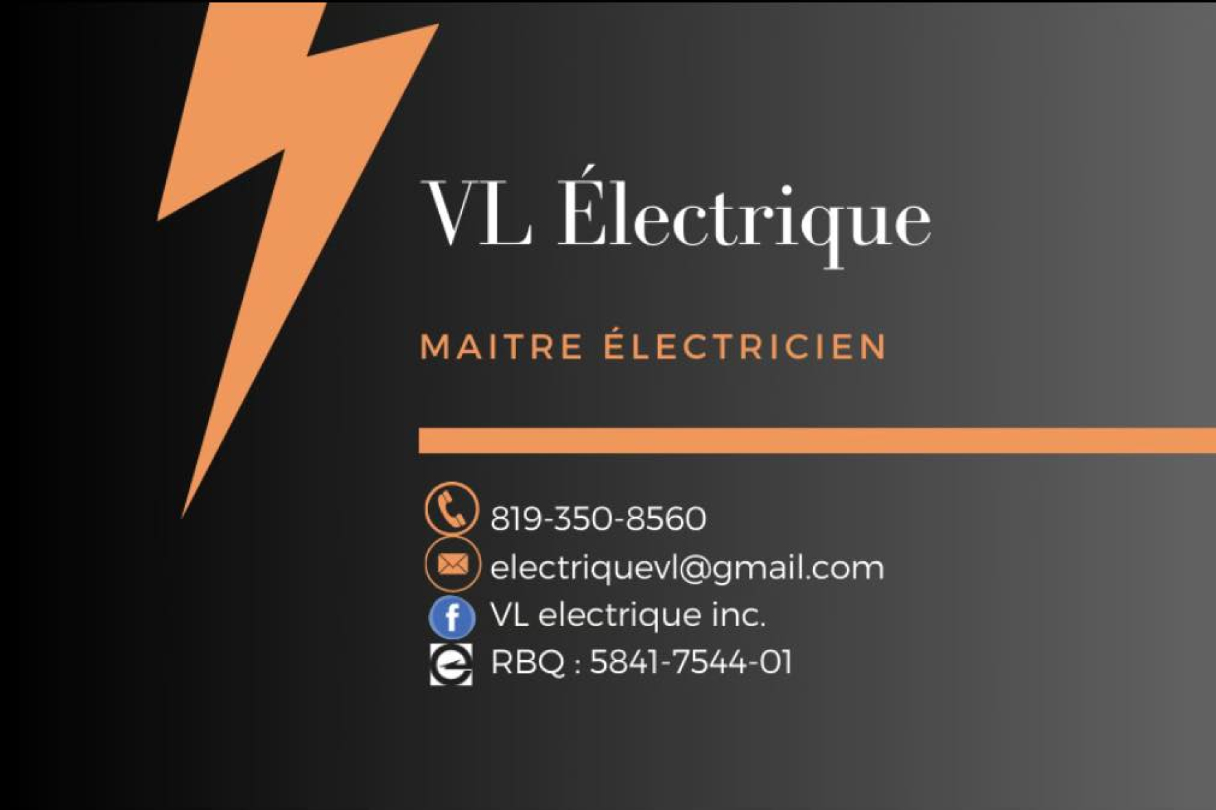 Carte de visite recto de VL ÉLECTRIQUE INC