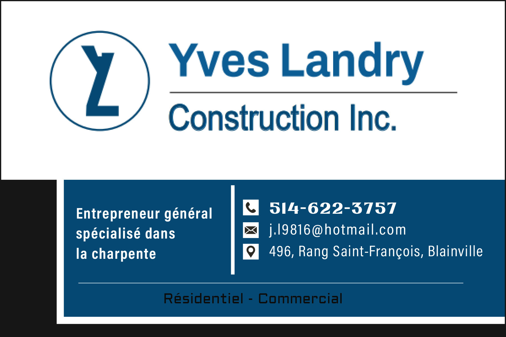 Carte de visite recto de YVES LANDRY CONSTRUCTION INC