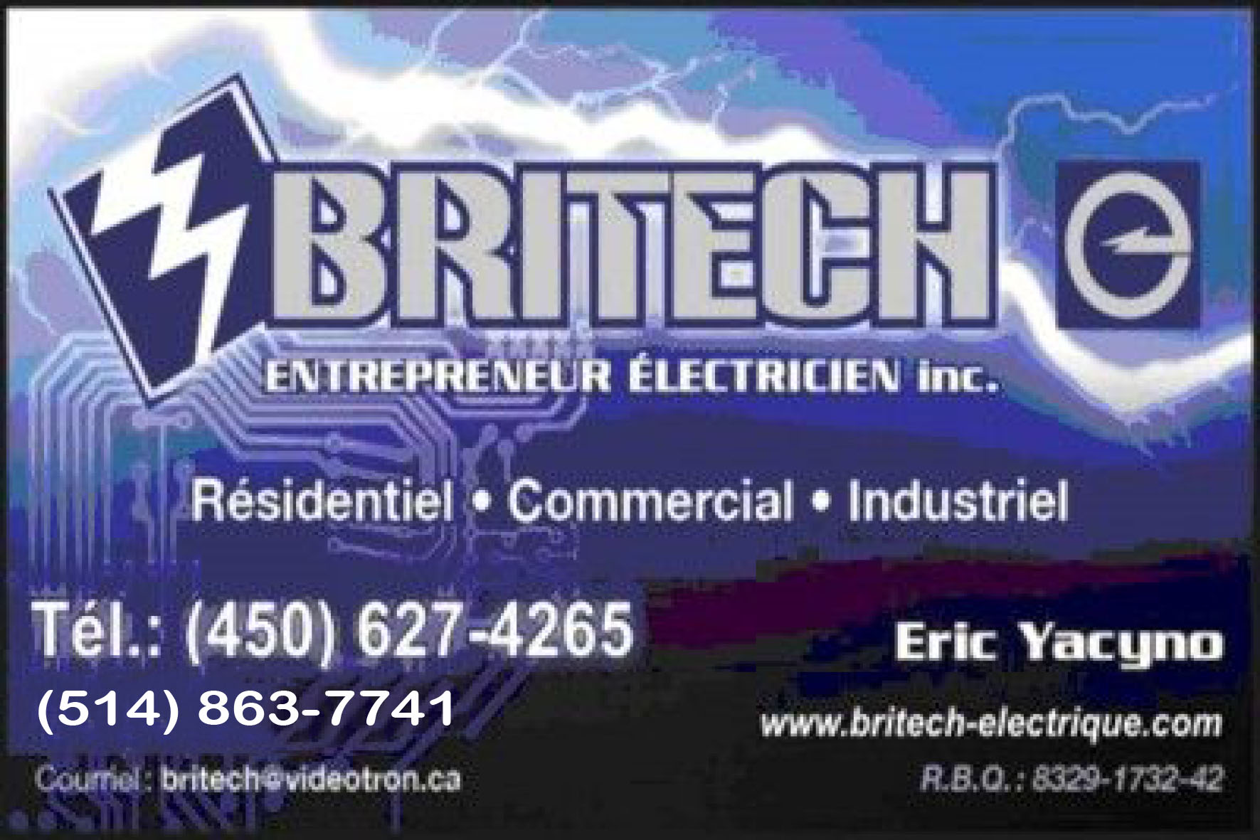 Carte de visite recto de BRITECH ENTREPRENEUR ÉLECTRICIEN INC