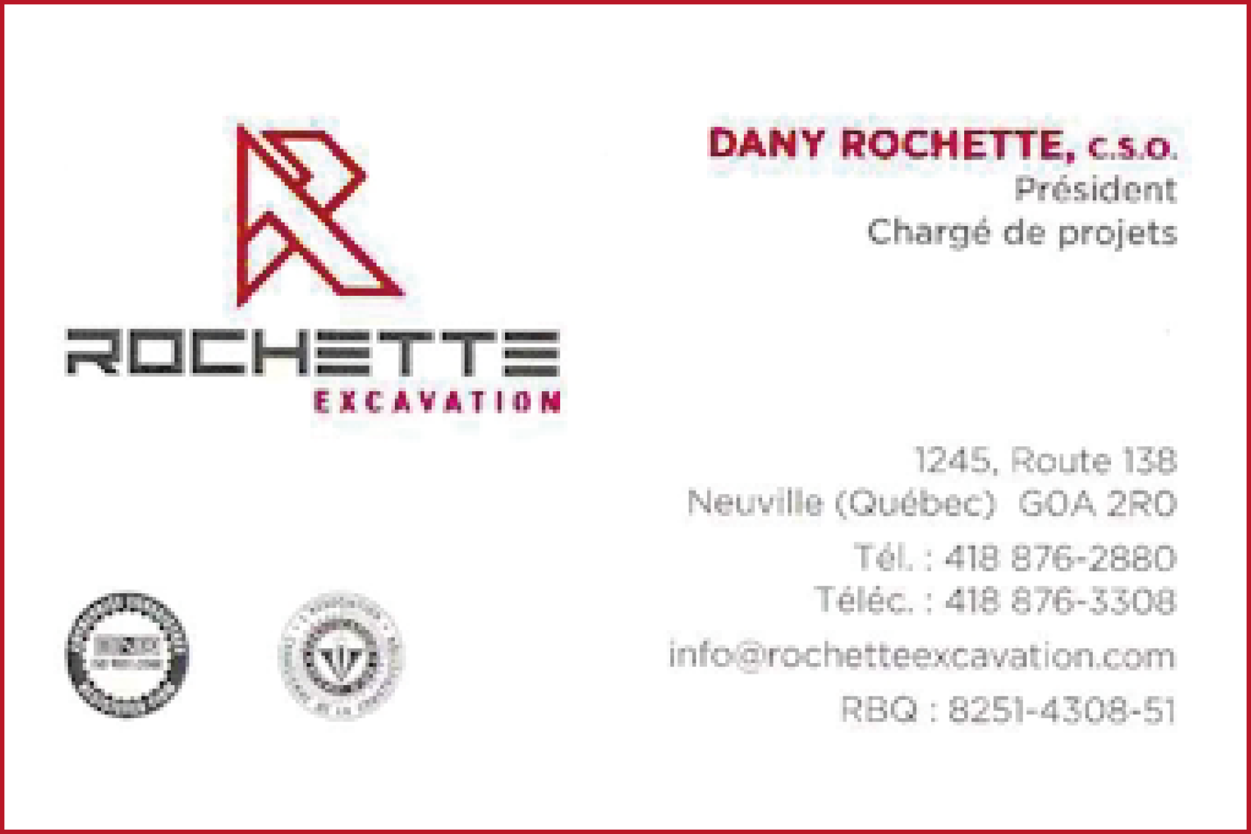 Carte de visite recto de ROCHETTE EXCAVATION INC