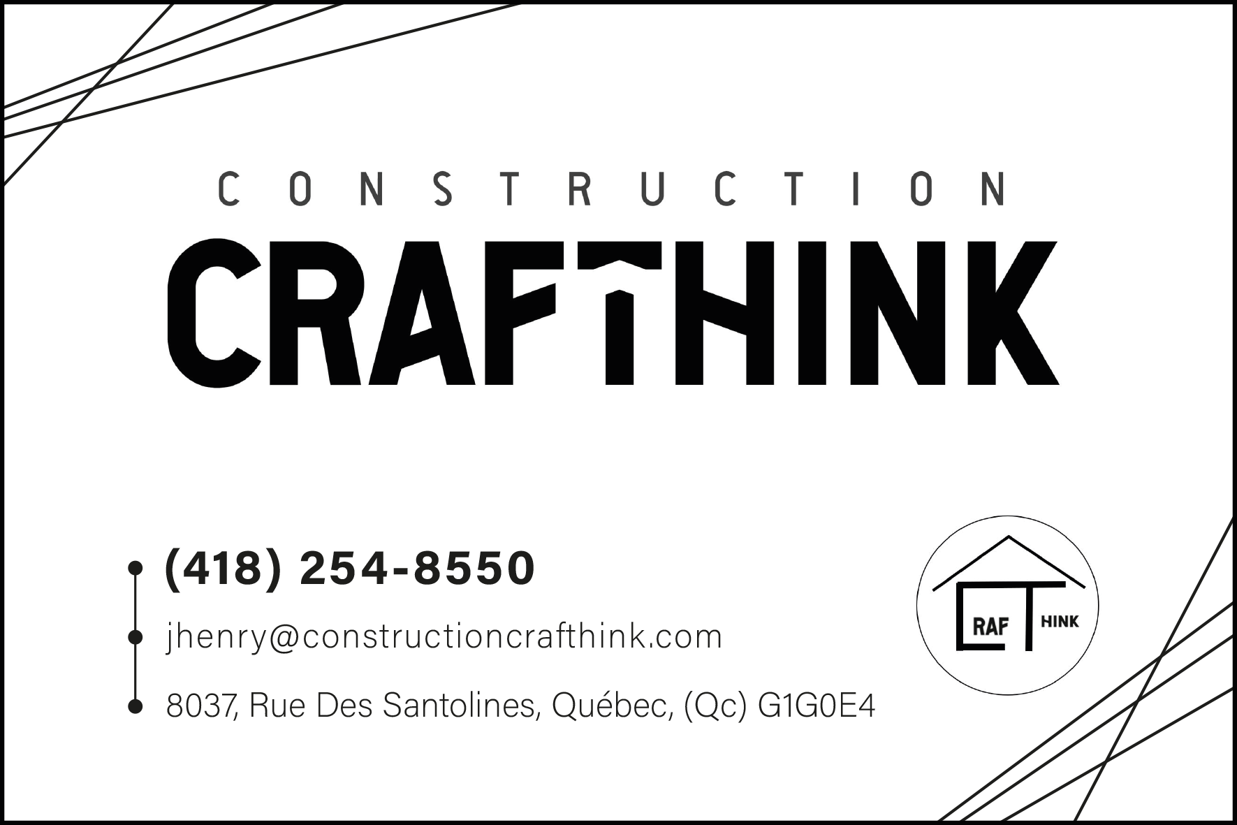 Carte de visite recto de CONSTRUCTION CRAFTHINK INC