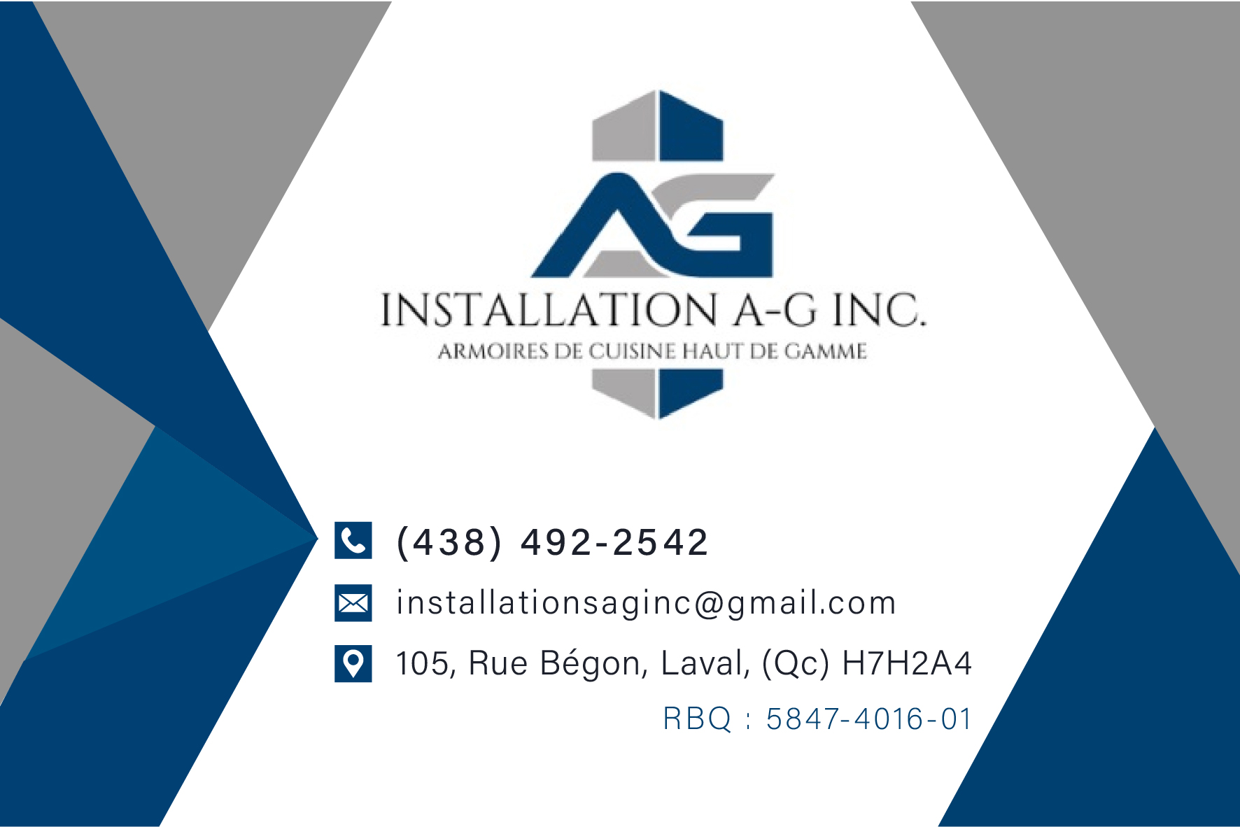 Carte de visite recto de INSTALLATIONS A-G INC