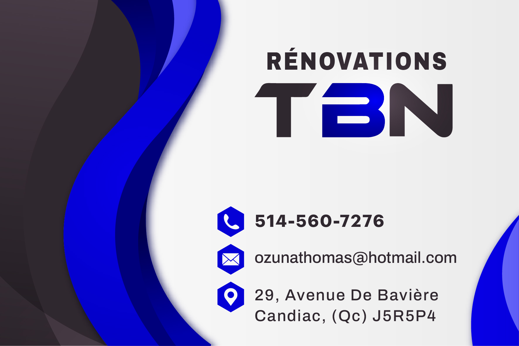 Carte de visite recto de RÉNOVATIONS T.B.N. INC