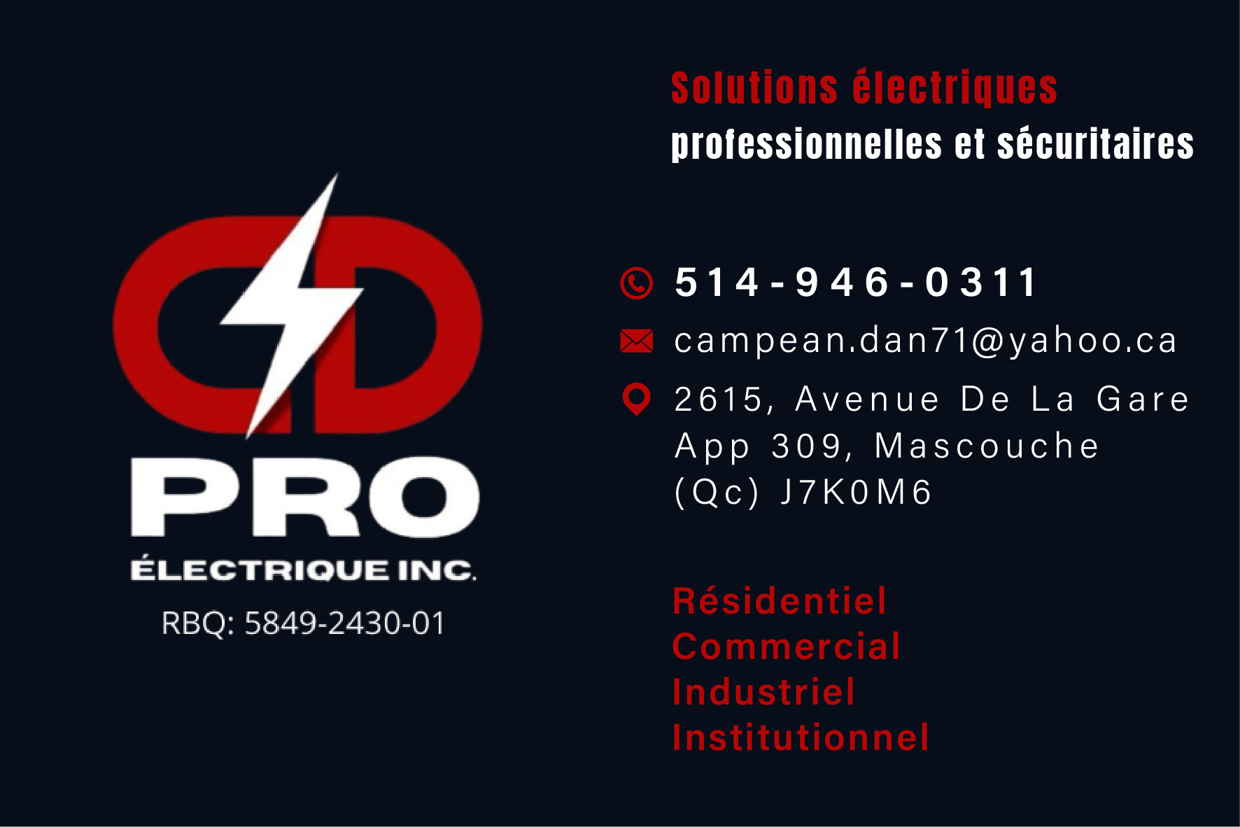 Carte de visite recto de C.D. PRO ÉLECTRIQUE INC