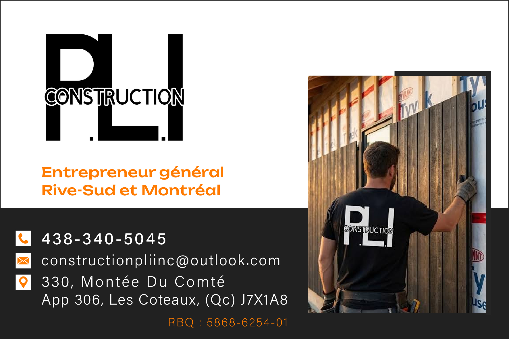 Carte de visite recto de CONSTRUCTION P.L.I. INC