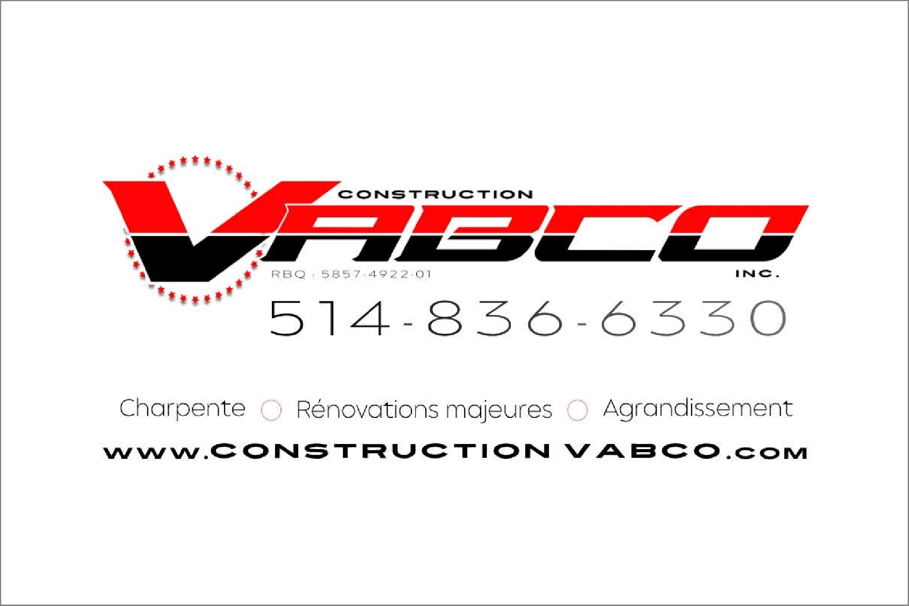 Carte de visite recto de CONSTRUCTION VABCO INC