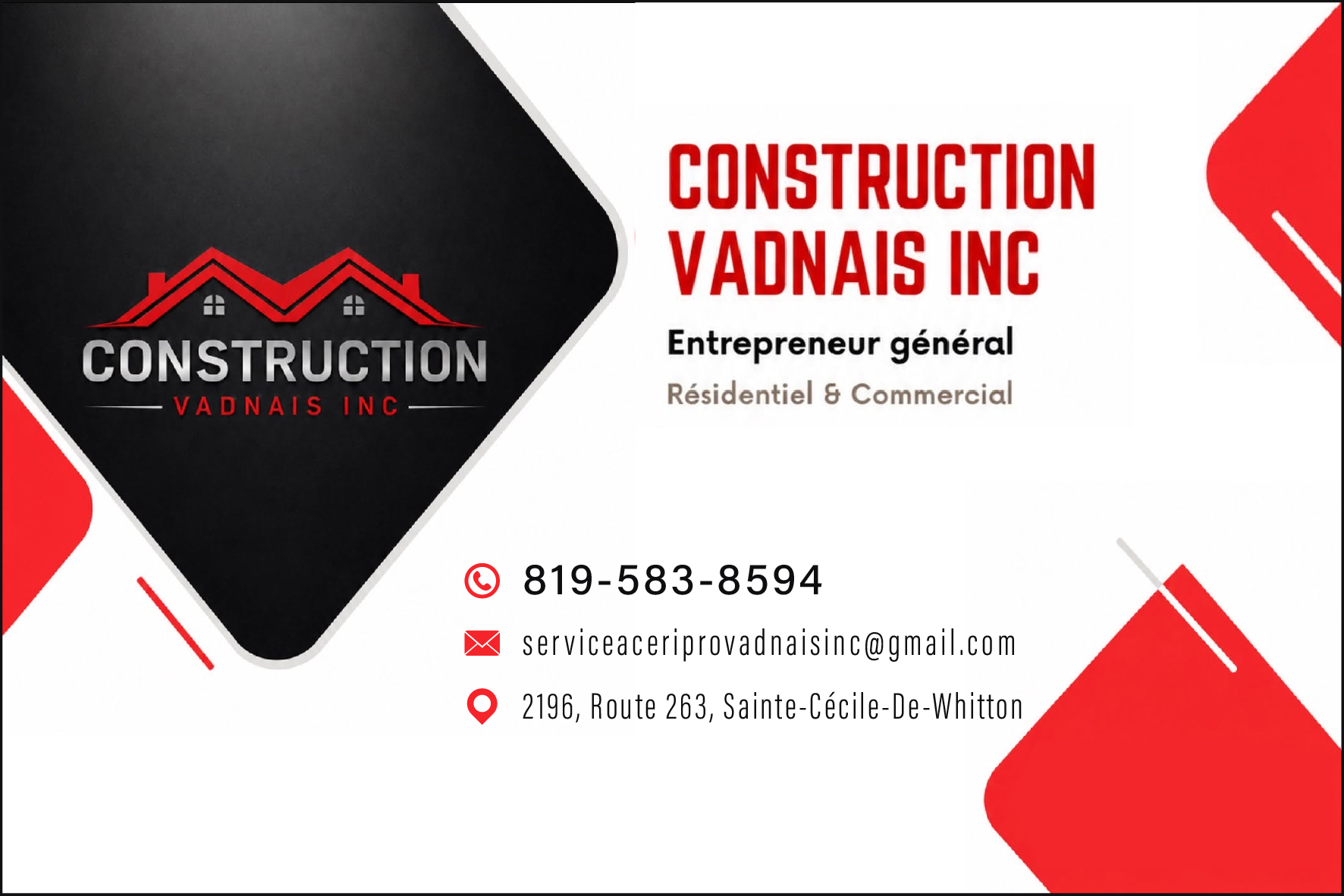Carte de visite recto de CONSTRUCTION VADNAIS INC