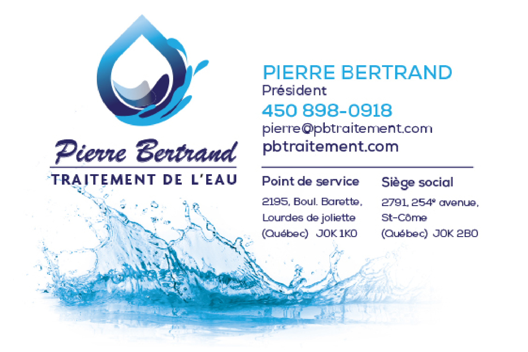 Carte de visite recto de PIERRE BERTRAND TRAITEMENT DE L’EAU INC