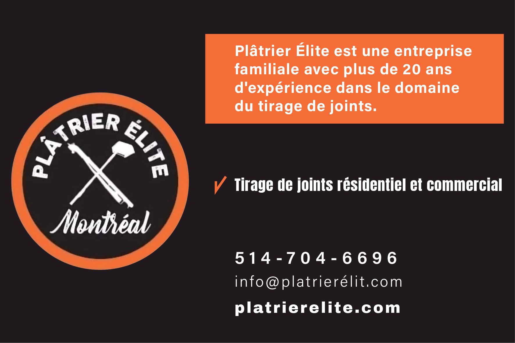 Carte de visite recto de PLÂTRIER ÉLITE INC