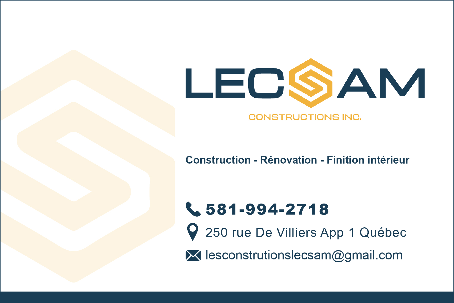 Carte de visite recto de LES CONSTRUCTIONS LECSAM INC